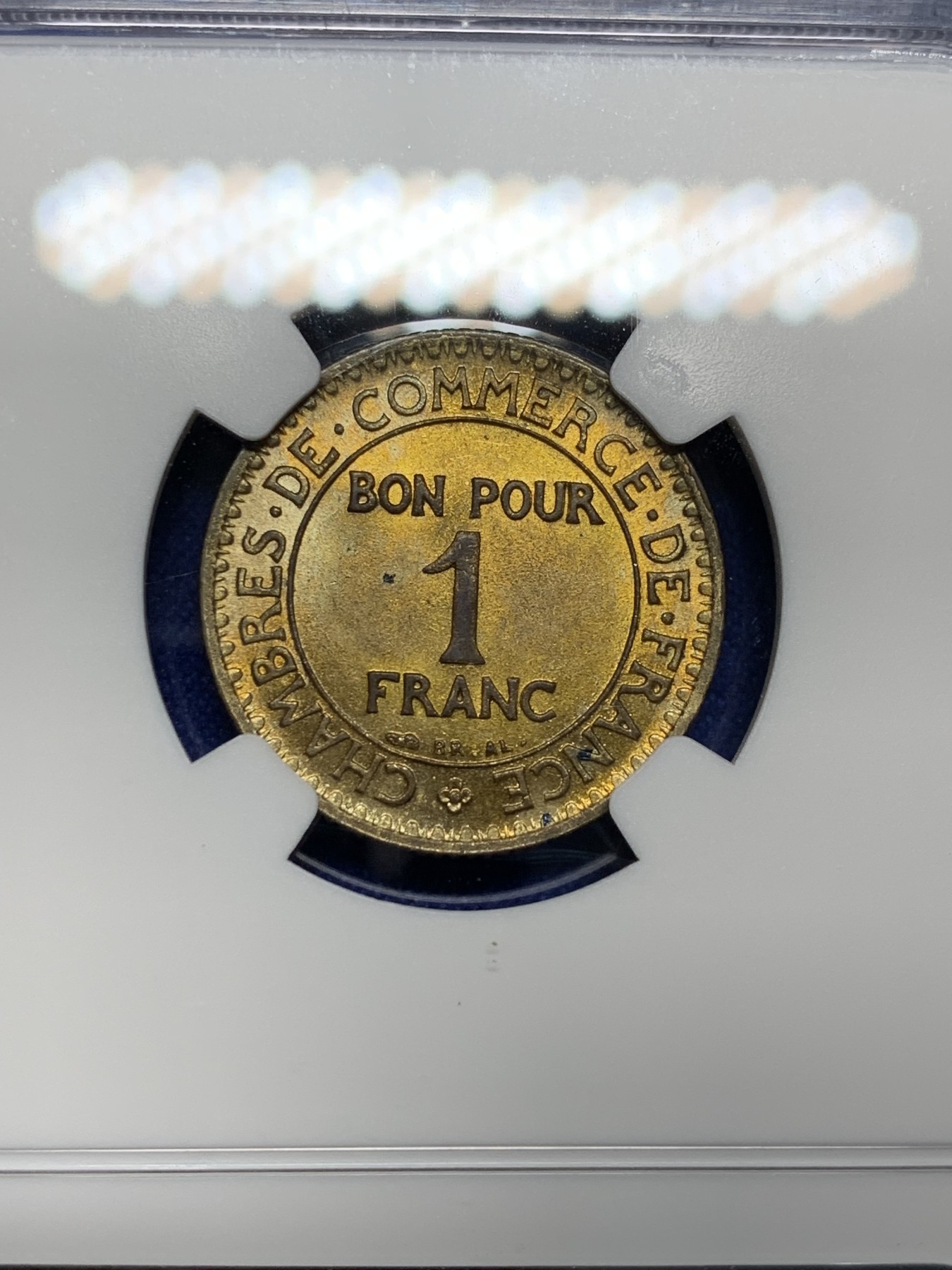 《竞宝斋》第208场-周日，周一 2场 (全场包邮) NGC MS63 法国1922年1法郎星神铜币