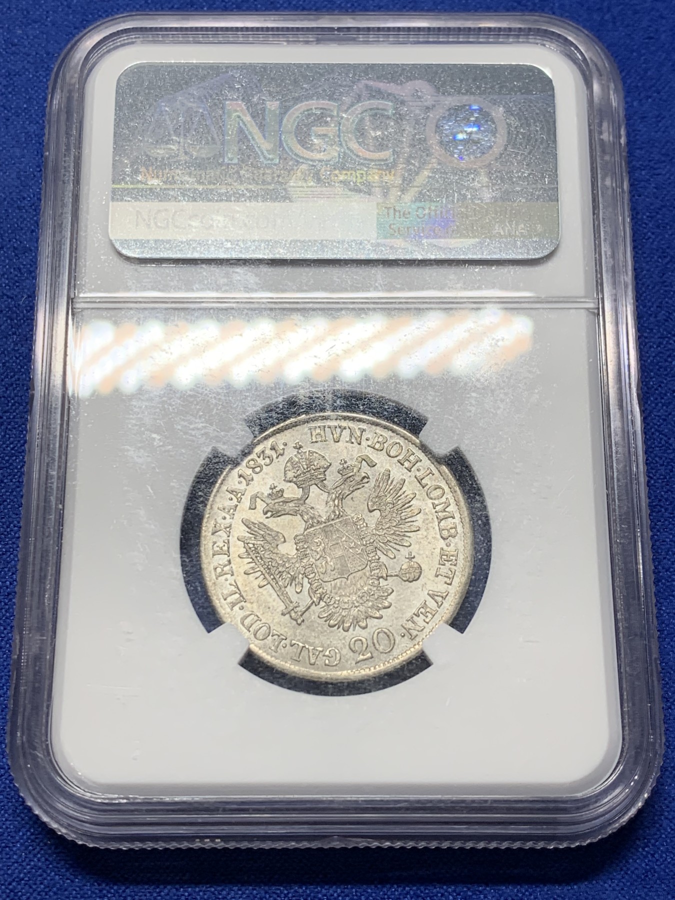 《竞宝斋》第208场-周日，周一 2场 (全场包邮) NGC-AU58 奥匈帝国20克鲁泽银币 1831年A 低评了 两面底板带转光 深打 亚军分 更高只有2枚