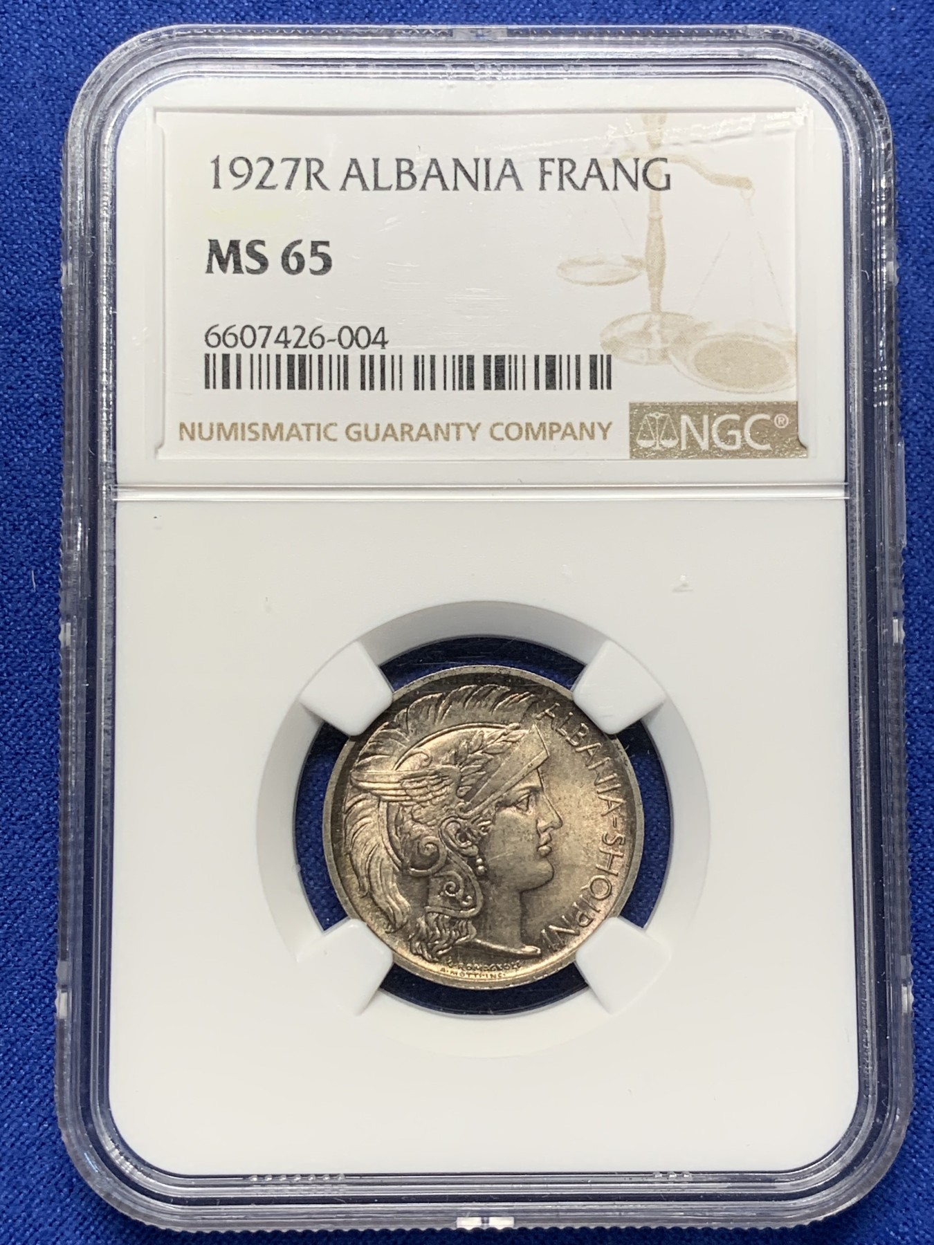 《竞宝斋》第208场-周日，周一 2场 (全场包邮) NGC MS65 阿尔巴尼亚 1927 女神1弗朗 银币 稀缺品种 双面五彩包浆 外拍热门品种 流通币 发行量只有10万枚