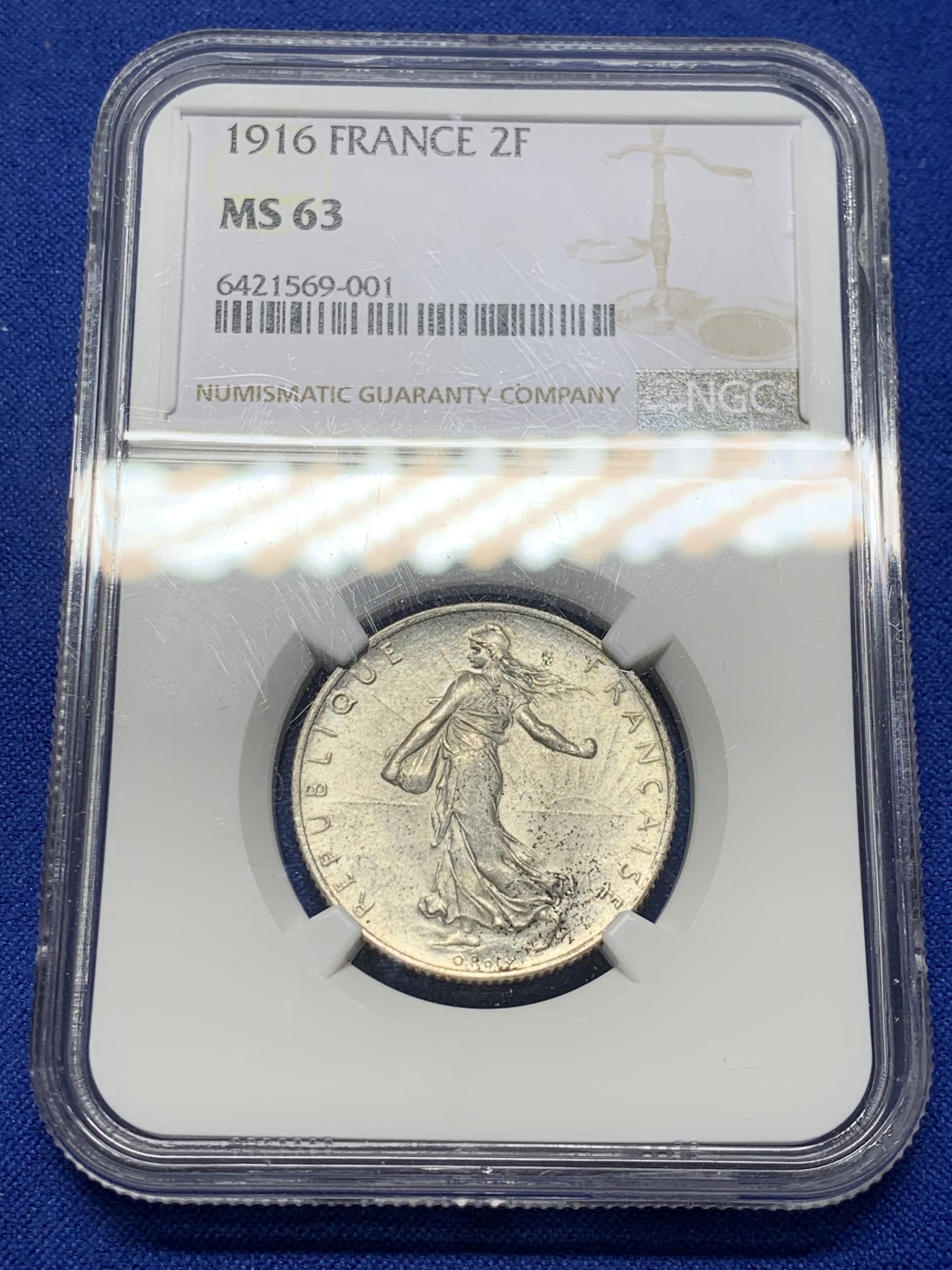 《竞宝斋》第208场-周日，周一 2场 (全场包邮) NGC-MS63 法国1916年播种女神2法郎银币 罗蒂大师设计