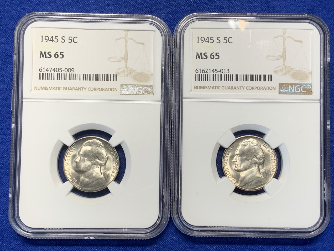 《竞宝斋》第208场-周日，周一 2场 (全场包邮) 两枚一组 NGC-MS65 美国1945年杰弗逊5美分 战时低银版（仅1942-1945战时版含银，其余为镍币）