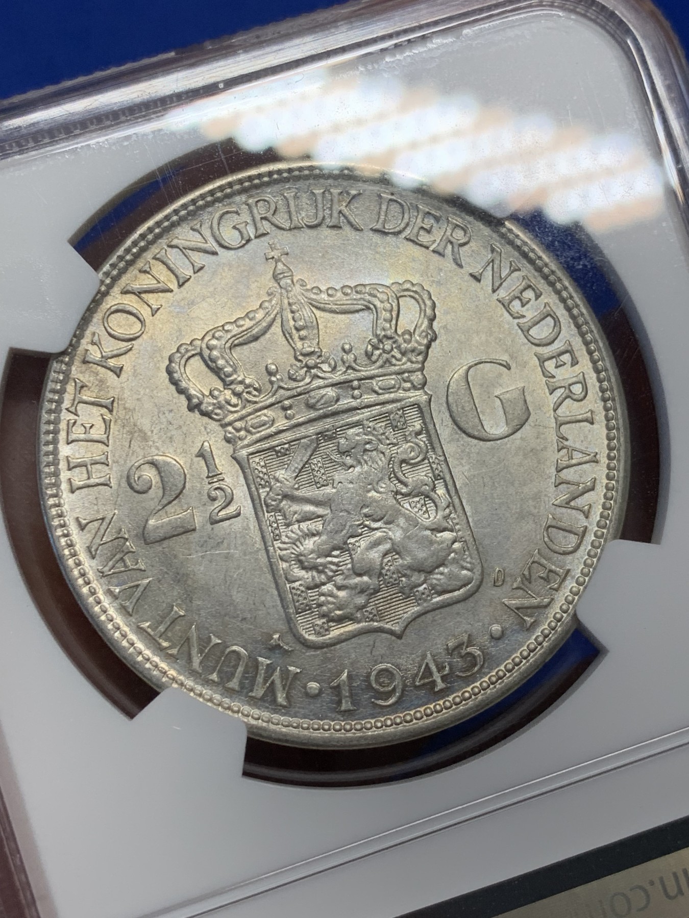 《竞宝斋》第208场-周日，周一 2场 (全场包邮) NGC MS63 荷属东印度1943D 2.5盾银币 殖民地必藏