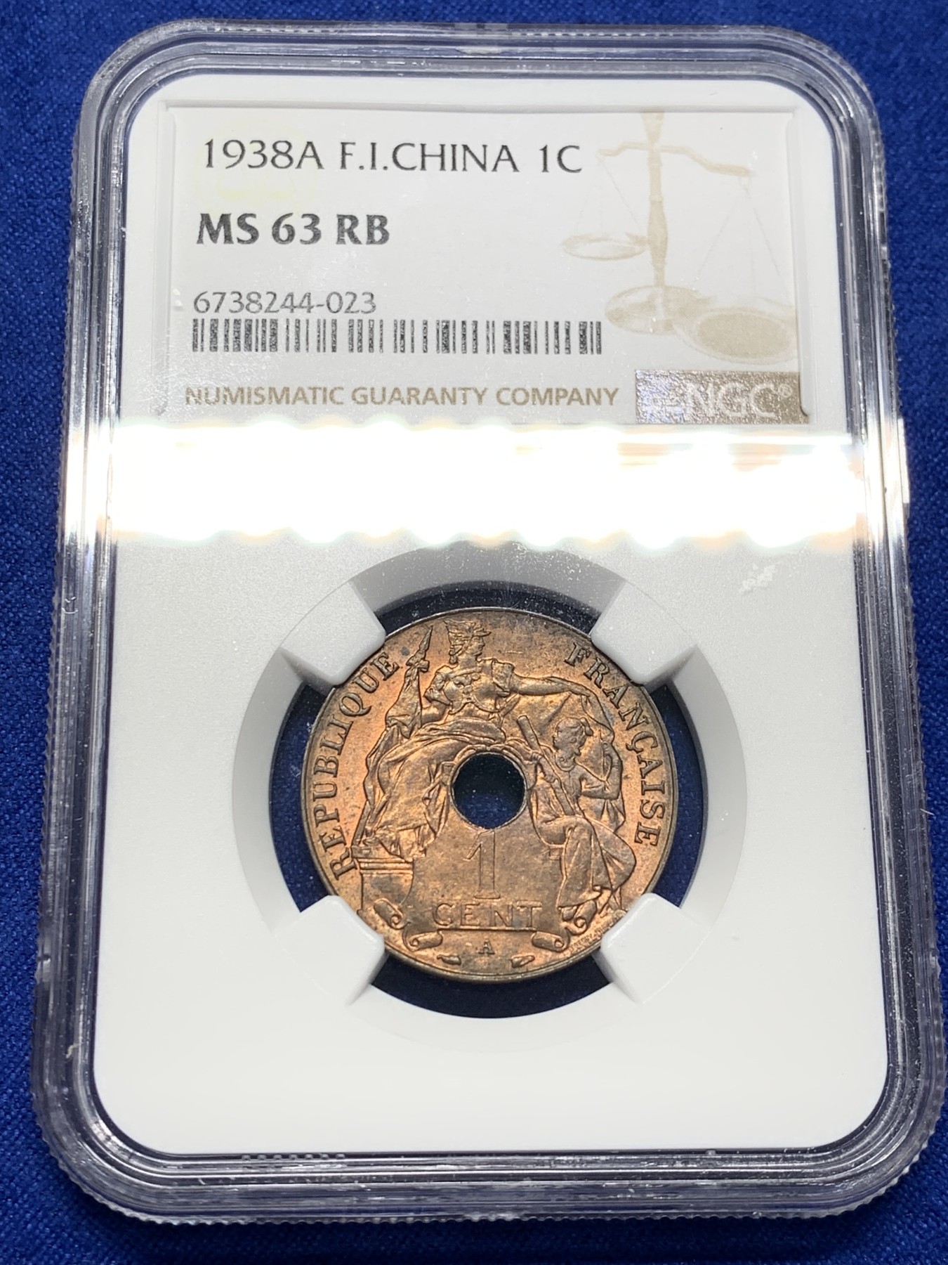 《竞宝斋》第208场-周日，周一 2场 (全场包邮) NGC-MS63RB 法属印支1938A百分之一铜币，玛丽安娜女神，汉字经典品种。铜光靓丽