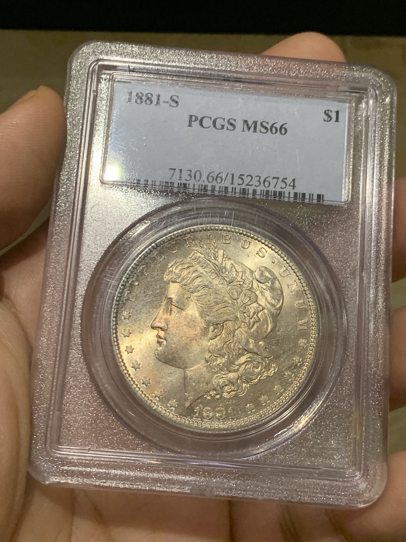 《竞宝斋》第208场-周日，周一 2场 (全场包邮) PCGS-MS66 美国 摩根银元 1881-S 正面淡红彩 漂亮