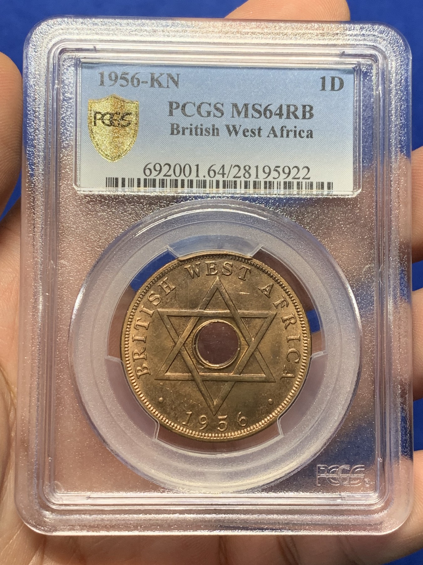《竞宝斋》第208场-周日，周一 2场 (全场包邮) PCGS-MS64RB 英属西非 1956KN伊丽莎白二世1便士铜币  唯一冠军分！