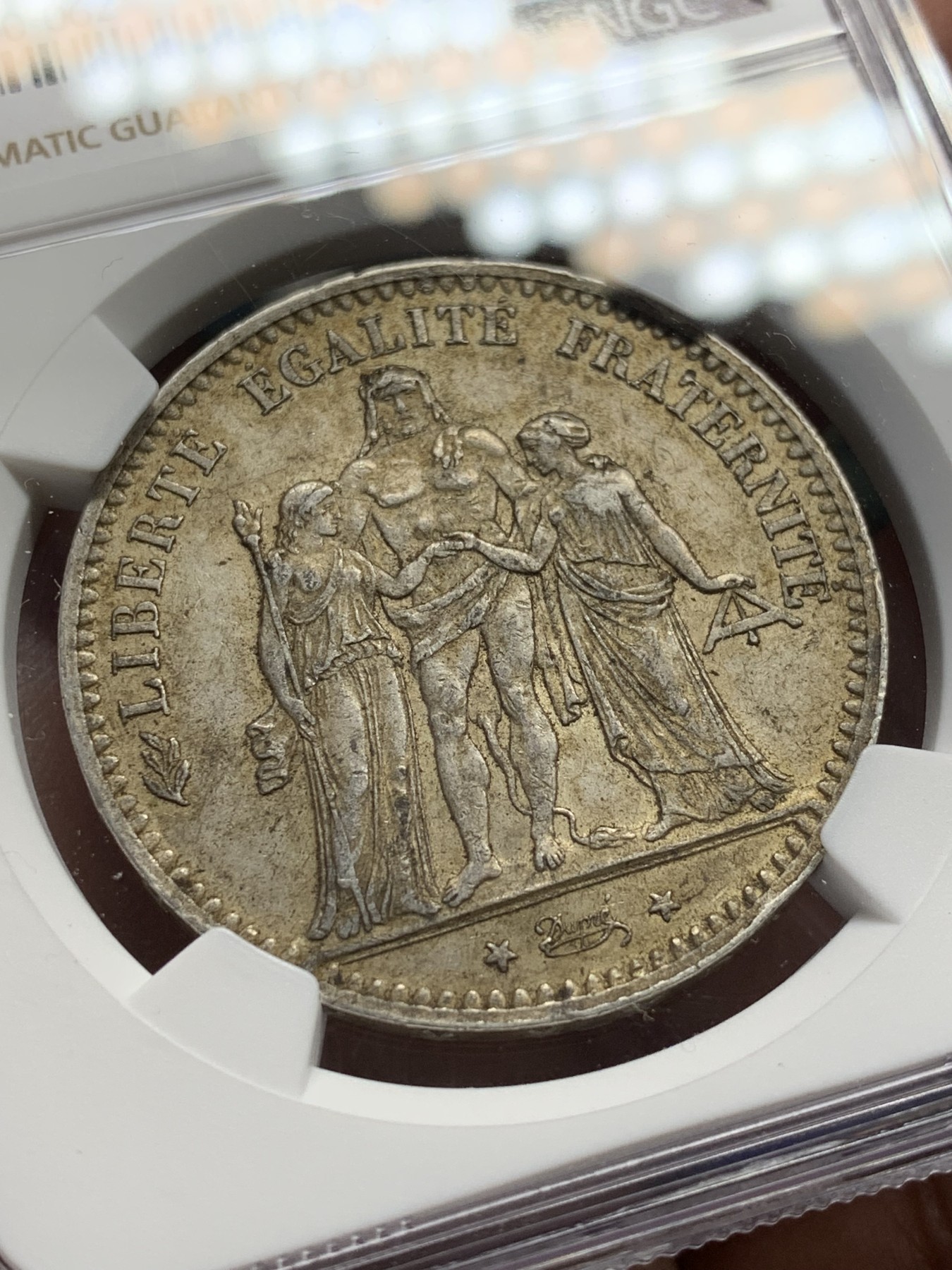 《竞宝斋》第208场-周日，周一 2场 (全场包邮) NGC-AU55 法国 1876A 大力神5法郎 银币 原味包浆 不多的年份