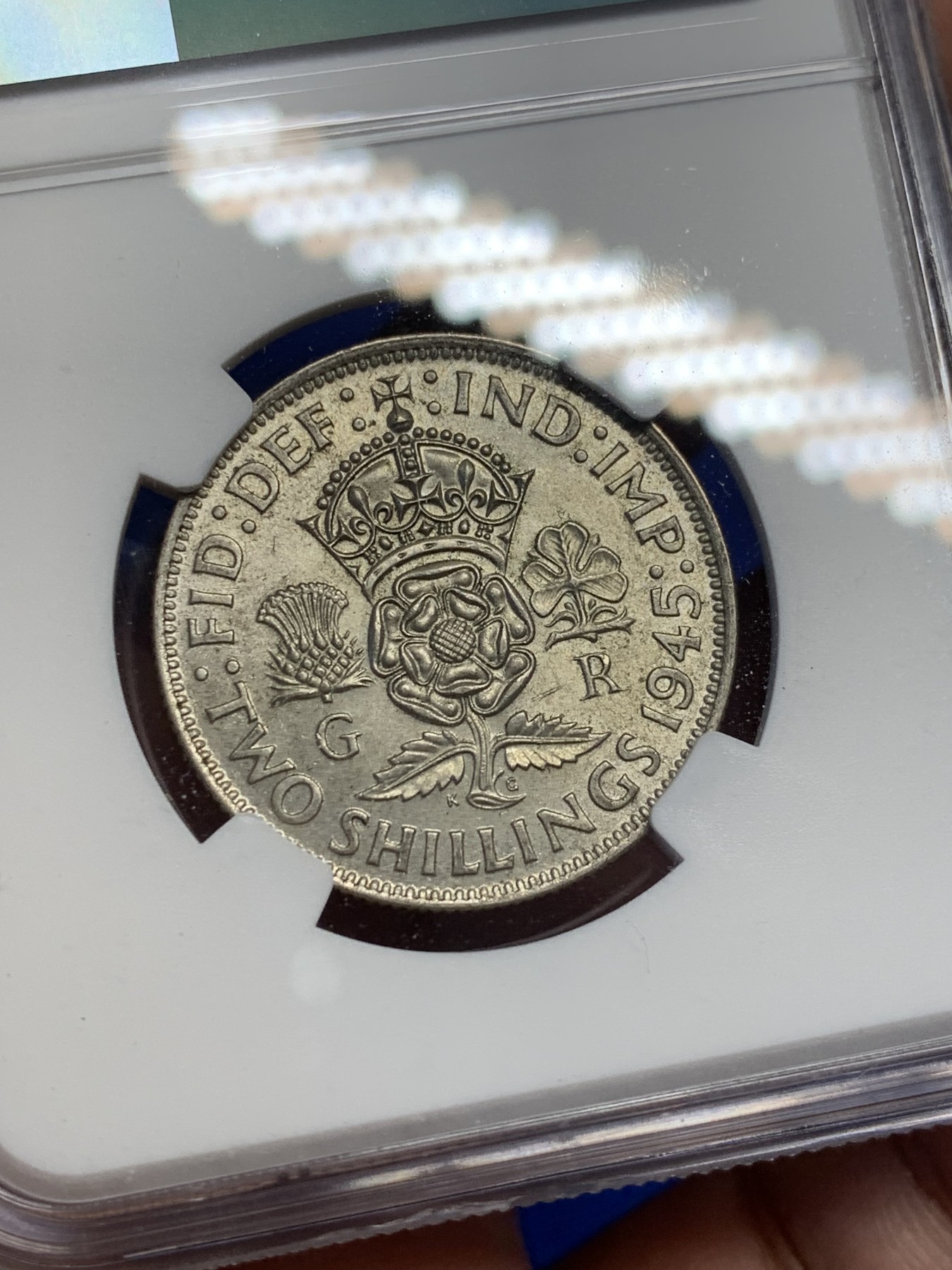 《竞宝斋》第208场-周日，周一 2场 (全场包邮) NGC MS63 英国 1945年 乔治六世 2先令 =1福林 银币