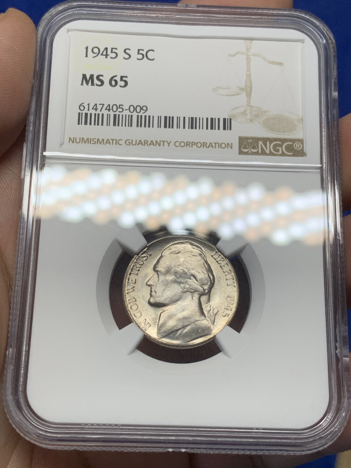 《竞宝斋》第208场-周日，周一 2场 (全场包邮) 两枚一组 NGC-MS65 美国1945年杰弗逊5美分 战时低银版（仅1942-1945战时版含银，其余为镍币）