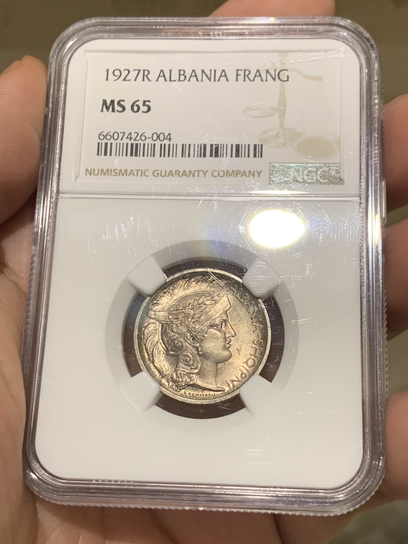 《竞宝斋》第208场-周日，周一 2场 (全场包邮) NGC MS65 阿尔巴尼亚 1927 女神1弗朗 银币 稀缺品种 双面五彩包浆 外拍热门品种 流通币 发行量只有10万枚