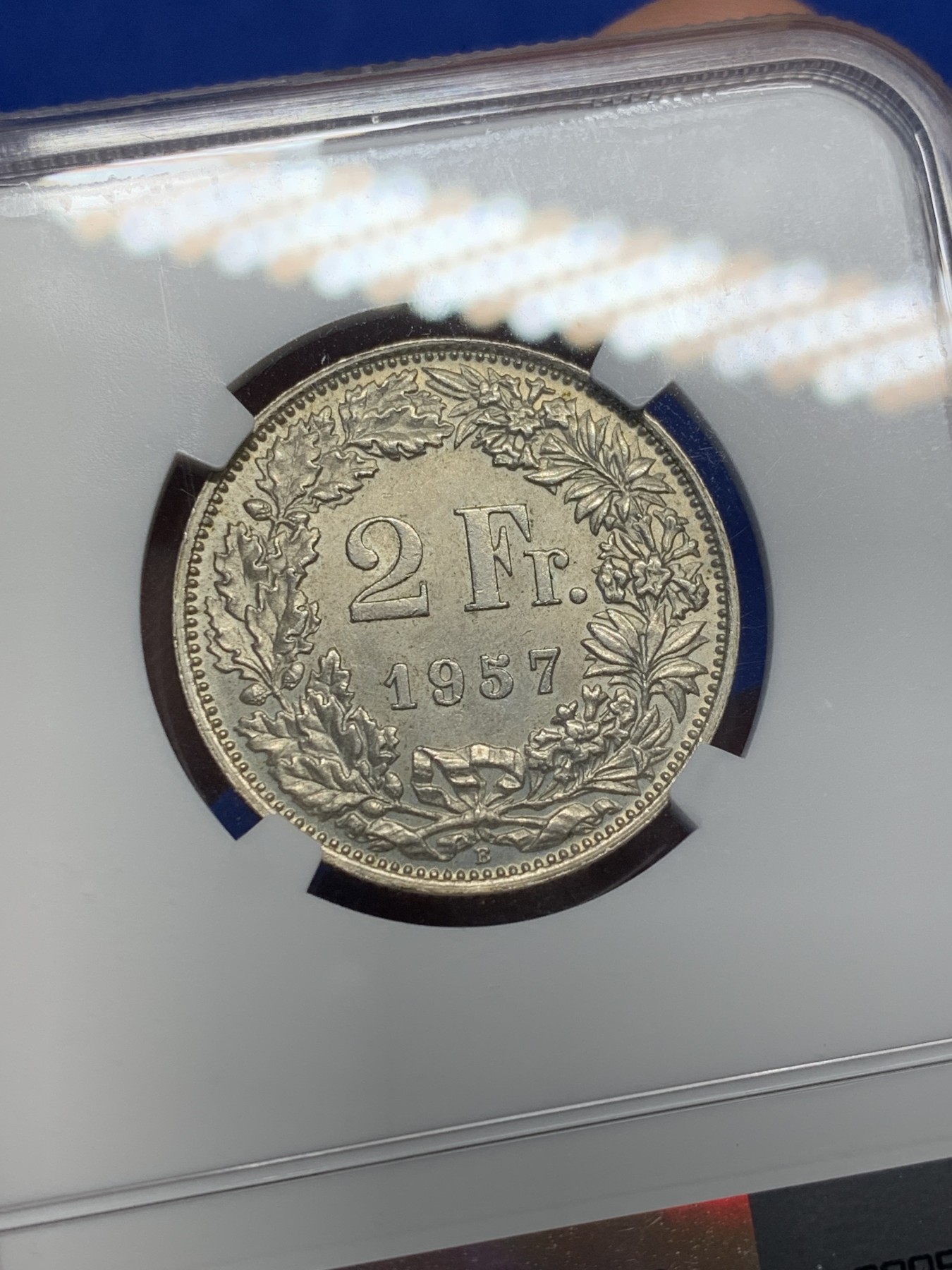 《竞宝斋》第208场-周日，周一 2场 (全场包邮) NGC-MS63 瑞士1957年 雪山女神2法郎银币