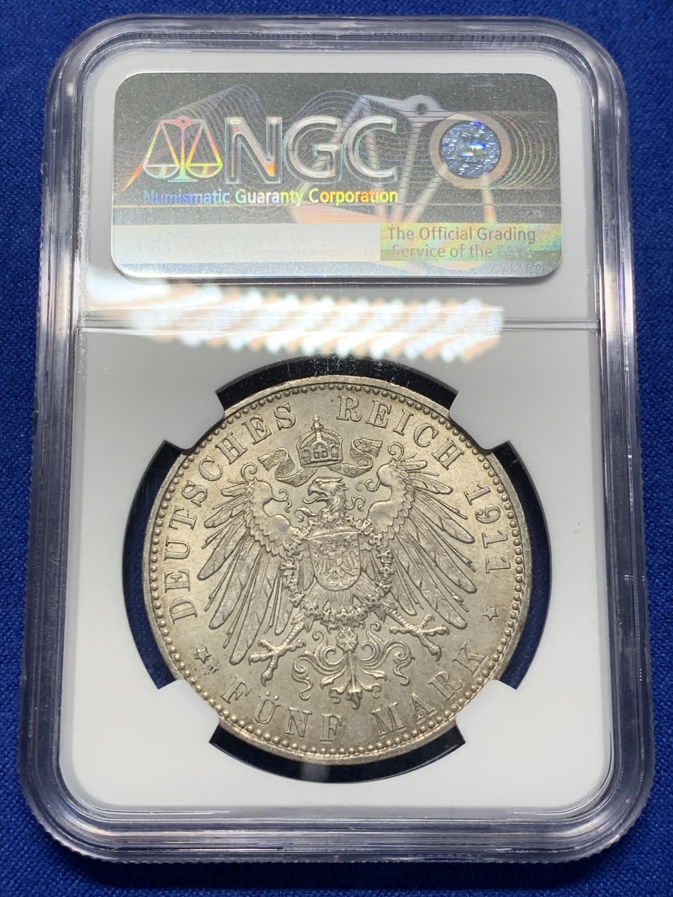 《竞宝斋》第208场-周日，周一 2场 (全场包邮) NGC-MS62 德国 巴伐利亚 1911年 摄政王利奥波德 90大寿纪念 5马克银币 状态好