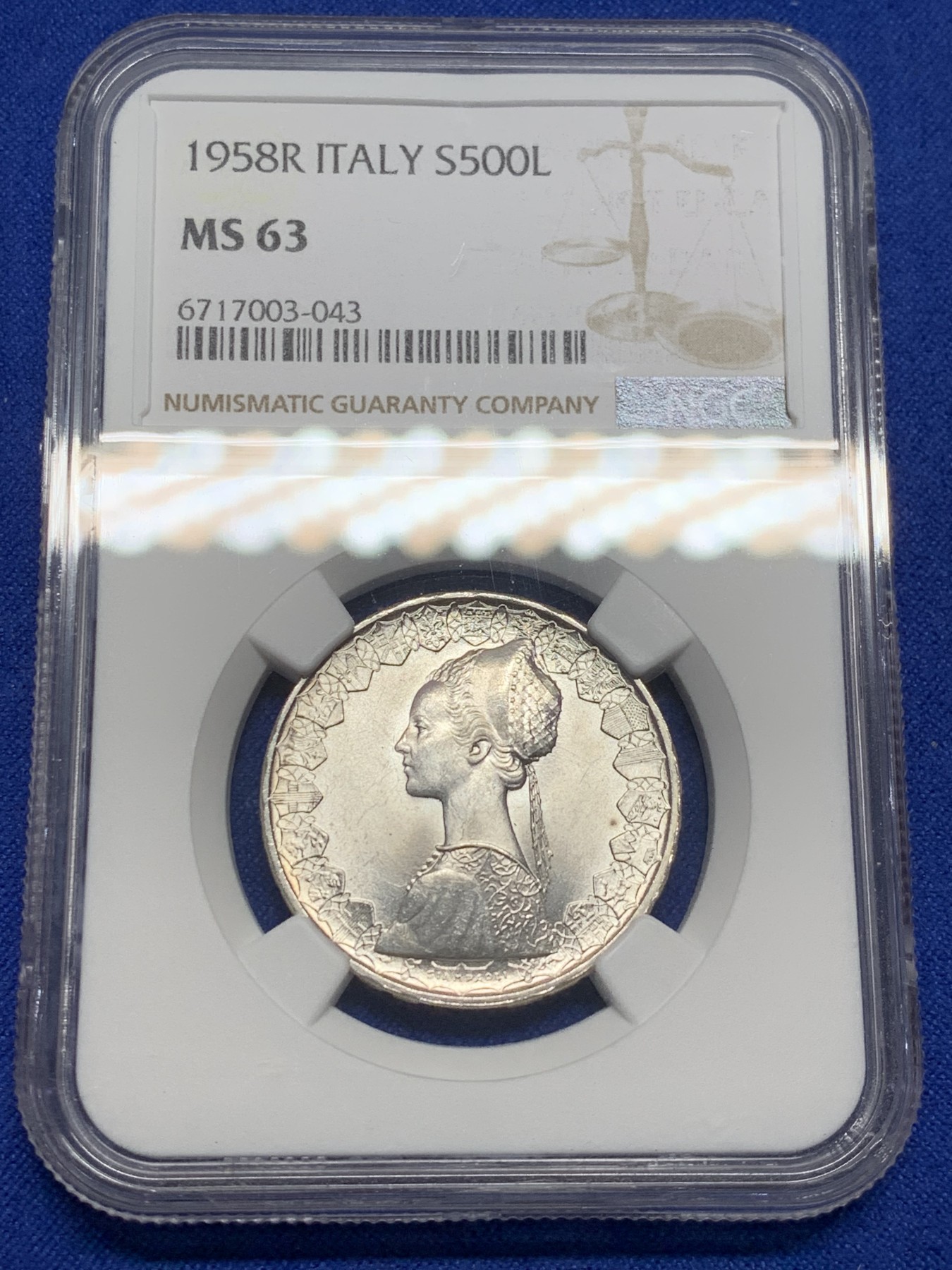 《竞宝斋》第208场-周日，周一 2场 (全场包邮) NGC MS63 意大利1958年500里拉银币 漂亮人妻带点彩 年份少见