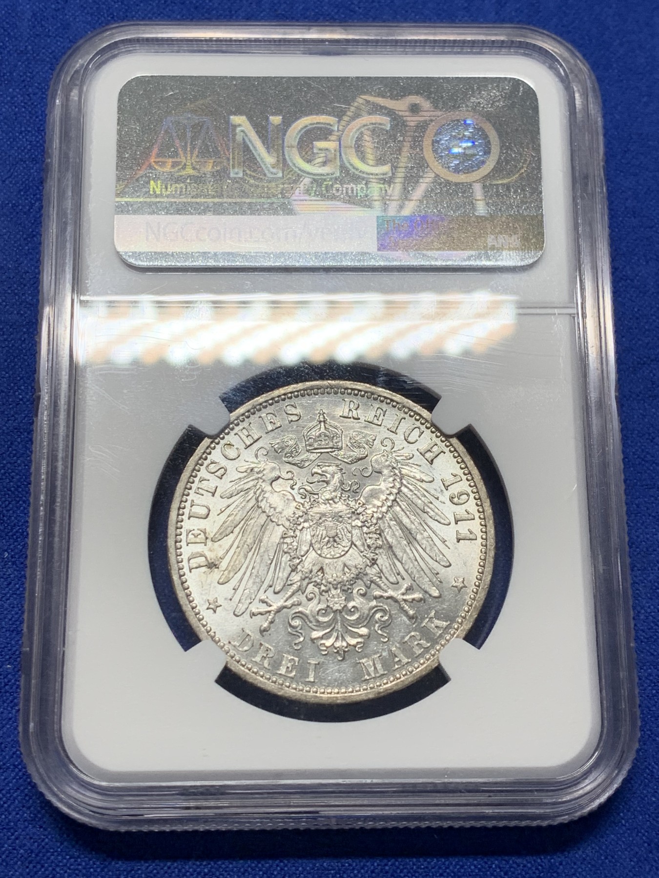 《竞宝斋》第208场-周日，周一 2场 (全场包邮) NGC AU58 德国1911版大头3马克银币，转光强烈