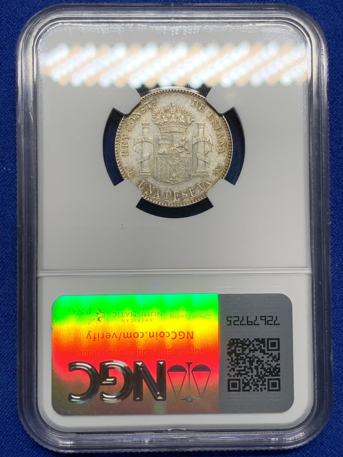 《竞宝斋》第208场-周日，周一 2场 (全场包邮) NGC MS62 西班牙1896年阿方索十三世1比塞塔银币 MS难得