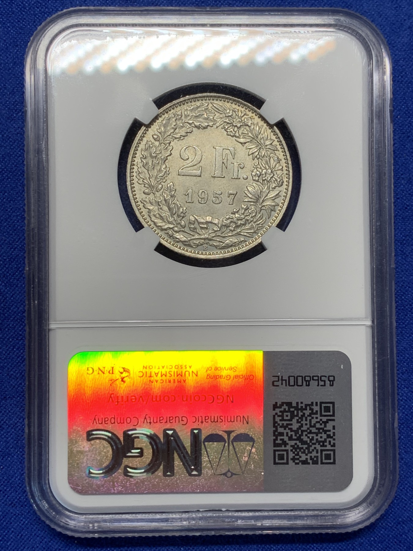 《竞宝斋》第208场-周日，周一 2场 (全场包邮) NGC-MS63 瑞士1957年 雪山女神2法郎银币