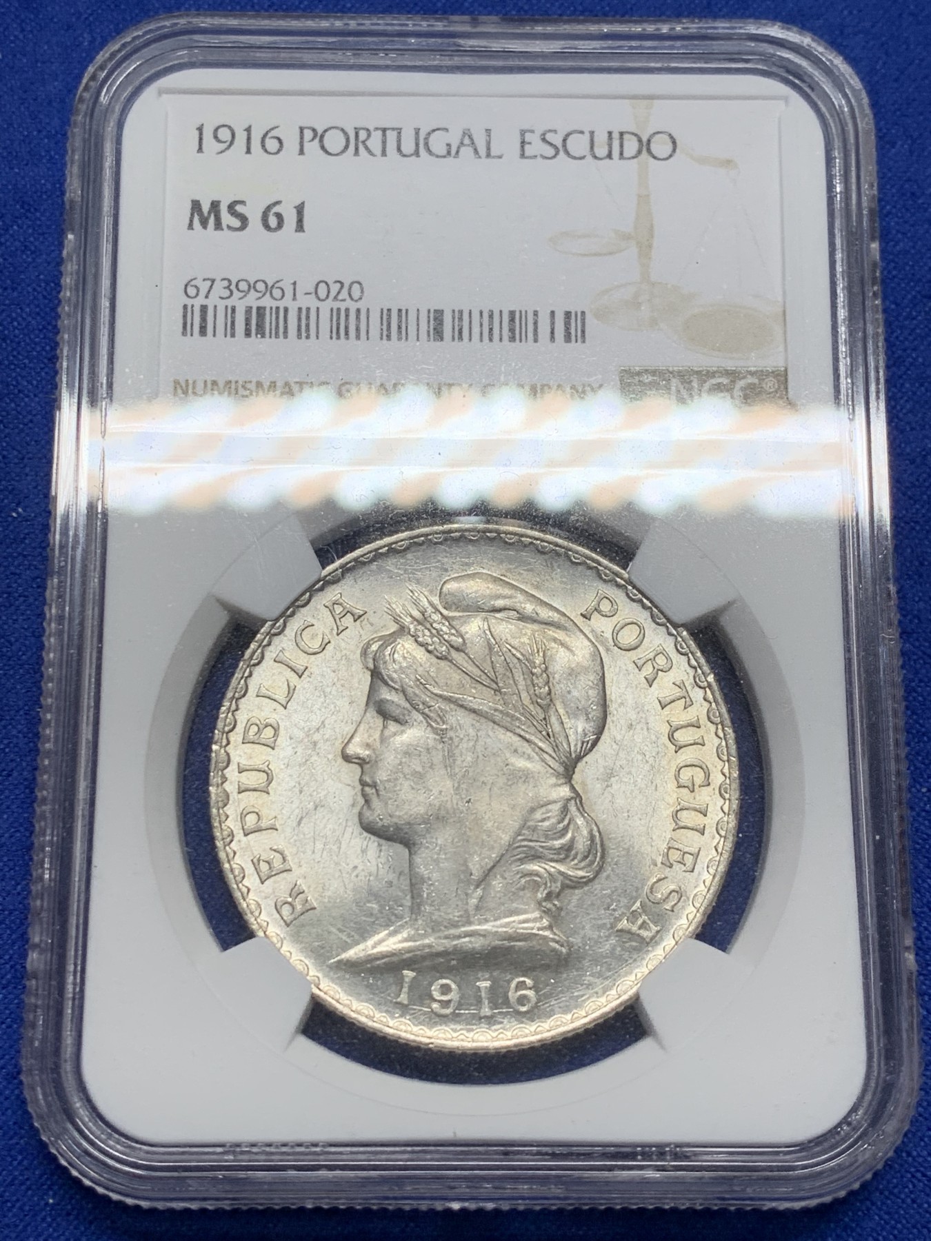 《竞宝斋》第208场-周日，周一 2场 (全场包邮) NGC-MS61 葡萄牙1916年女神头像1埃斯库多大银币