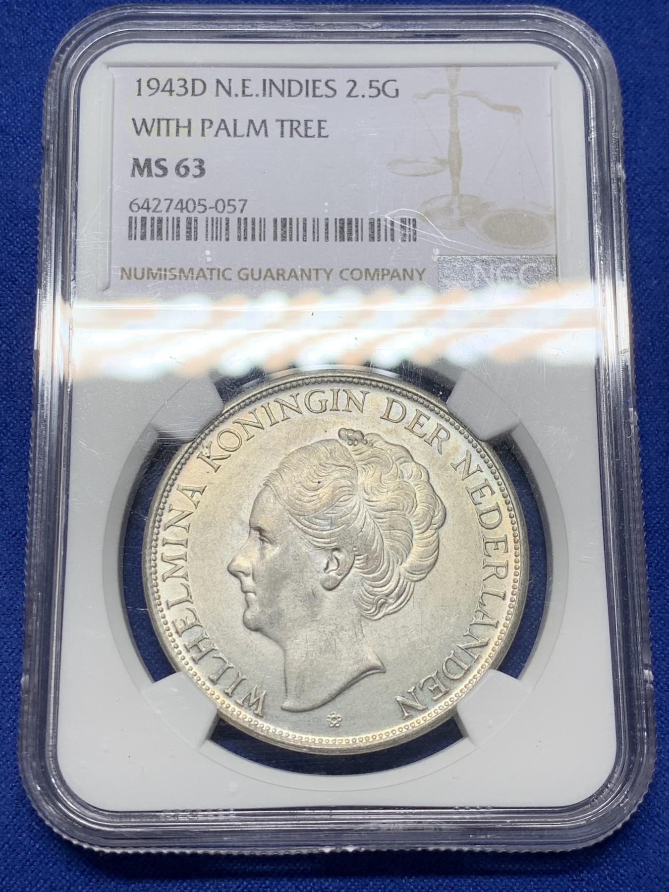《竞宝斋》第208场-周日，周一 2场 (全场包邮) NGC MS63 荷属东印度1943D 2.5盾银币 殖民地必藏