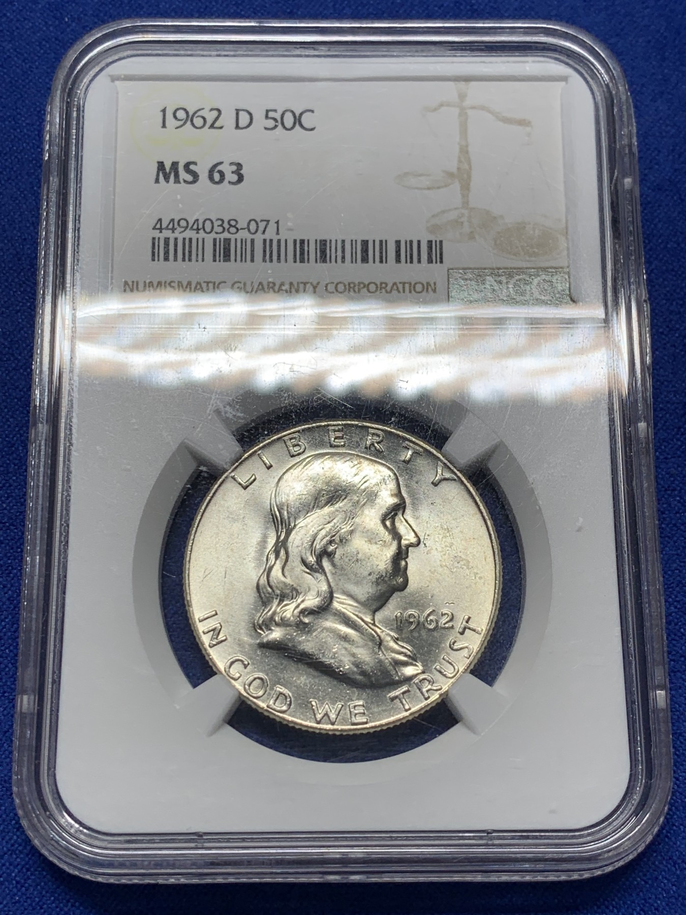 《竞宝斋》第208场-周日，周一 2场 (全场包邮) NGC-MS63  美国 1962年 50分银币 富兰克林头像 丝滑底板