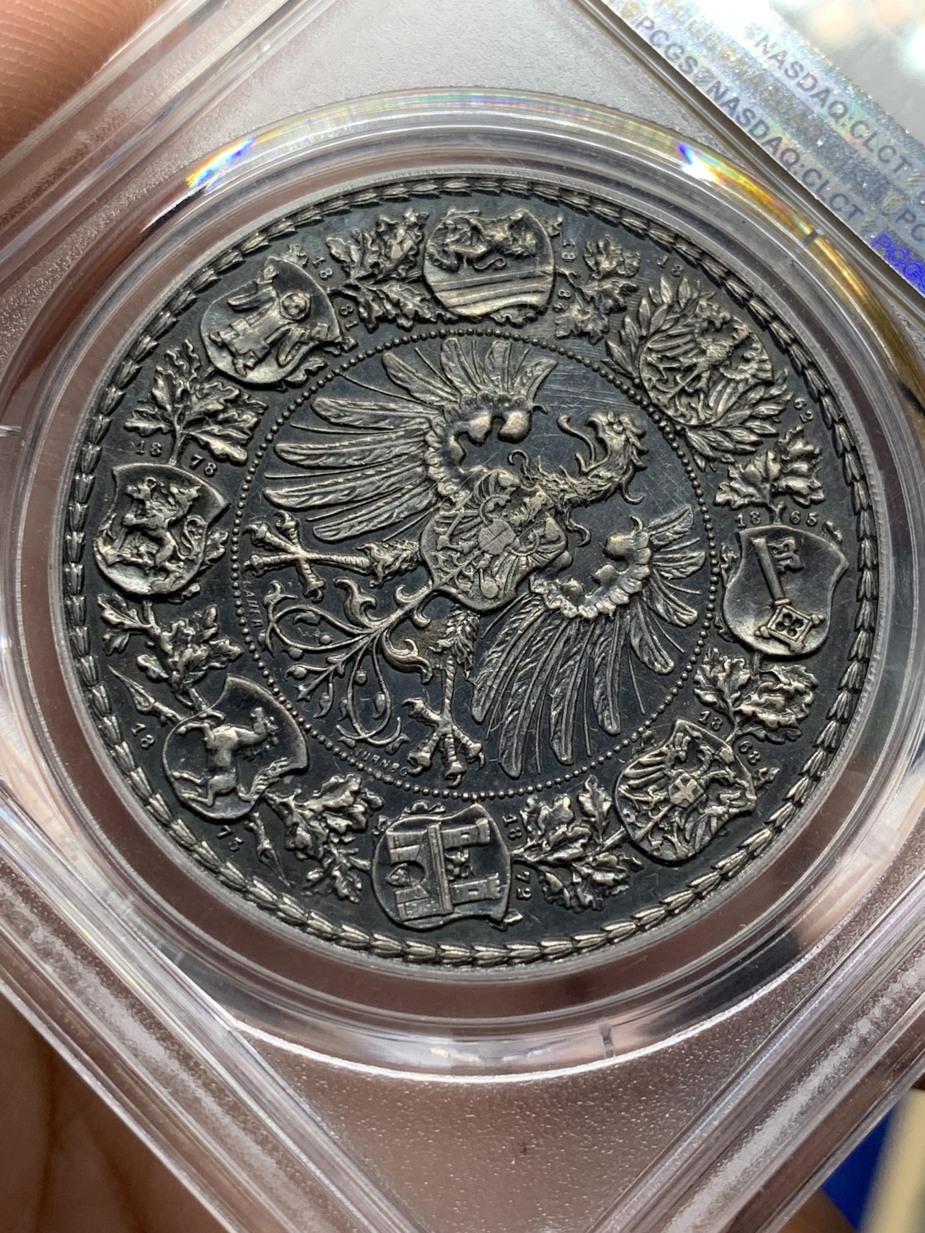 《竞宝斋》第208场-周日，周一 2场 (全场包邮) PCGS SP63 德国 1887法兰克福射击纪念银章 深彩包浆 高度浮雕 非常的漂亮 难得状态