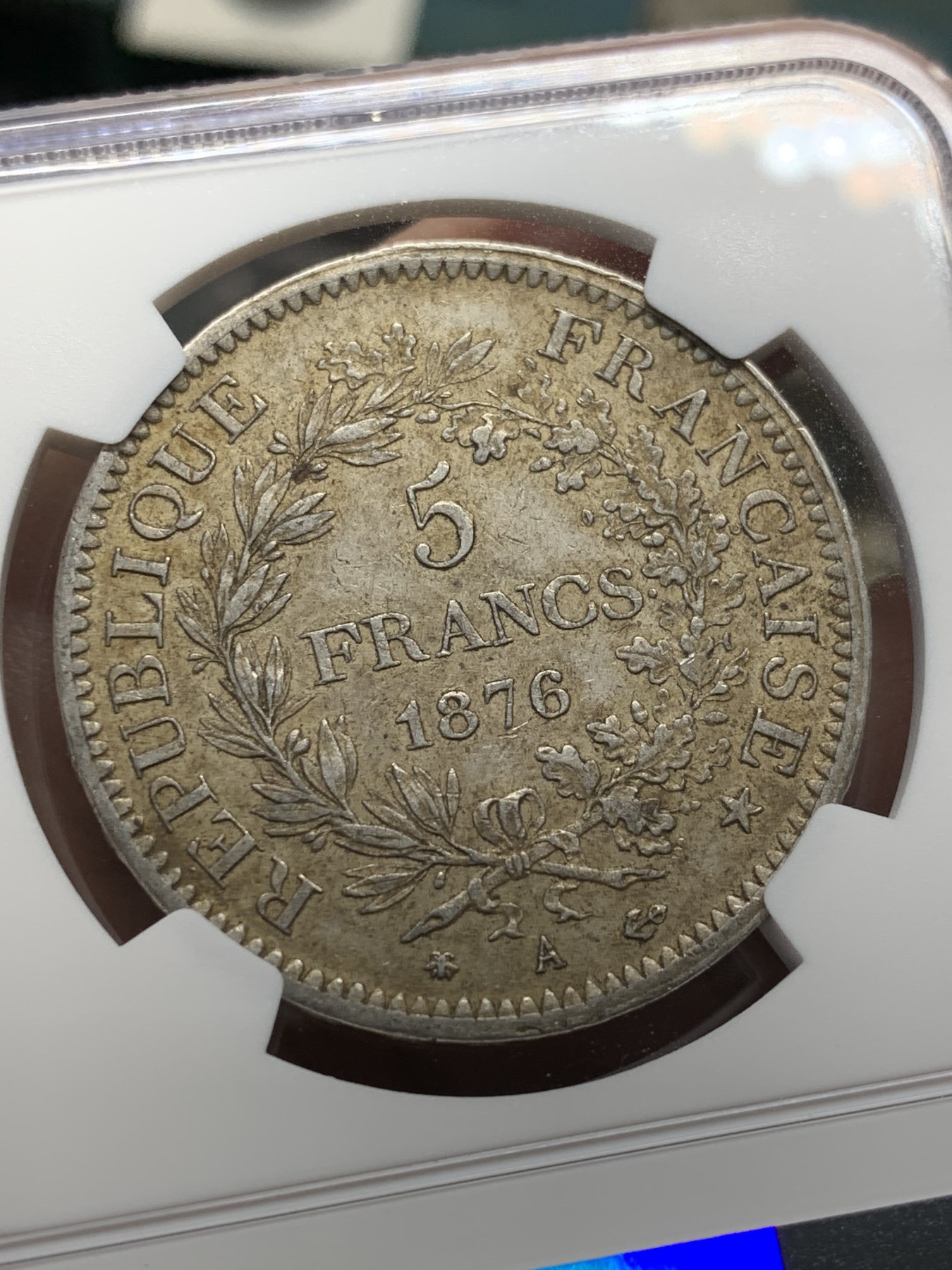 《竞宝斋》第208场-周日，周一 2场 (全场包邮) NGC-AU55 法国 1876A 大力神5法郎 银币 原味包浆 不多的年份