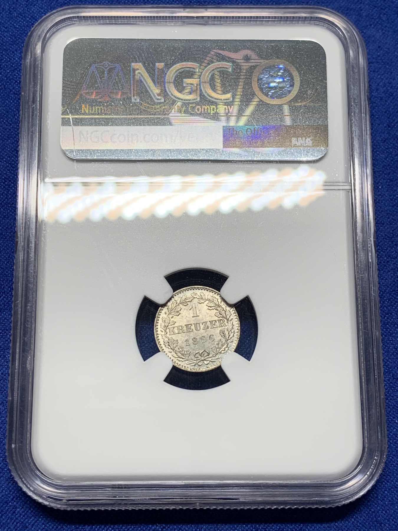 《竞宝斋》第208场-周日，周一 2场 (全场包邮) 两枚一组 NGC-MS65 法兰克福1866年1克鲁泽、3克鲁泽银币一对，高分难得 十分漂亮