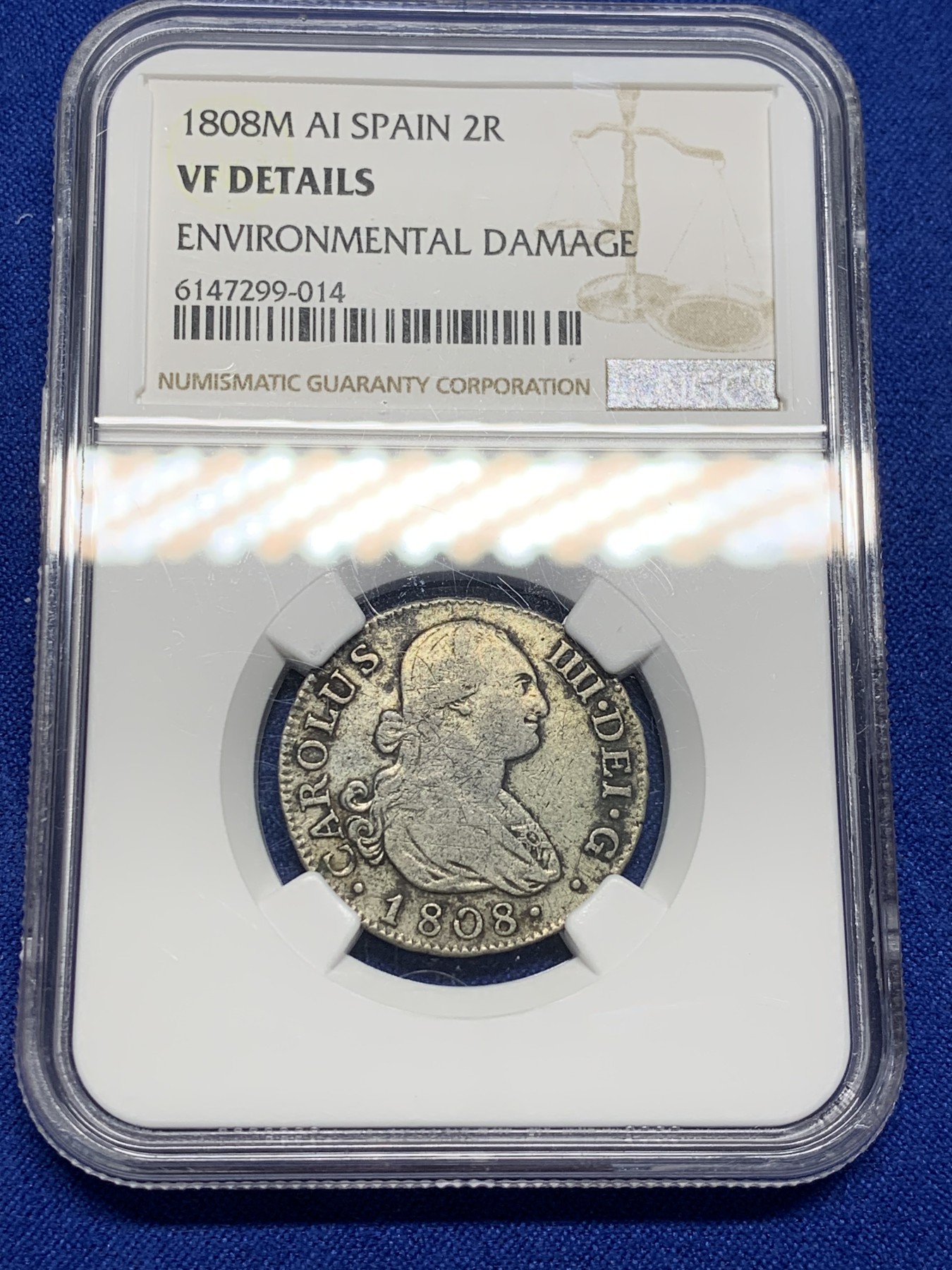 《竞宝斋》第208场-周日，周一 2场 (全场包邮) NGC VF 1808年西班牙本土卡四2R银币，磨损均匀，盾徽清晰，较少见