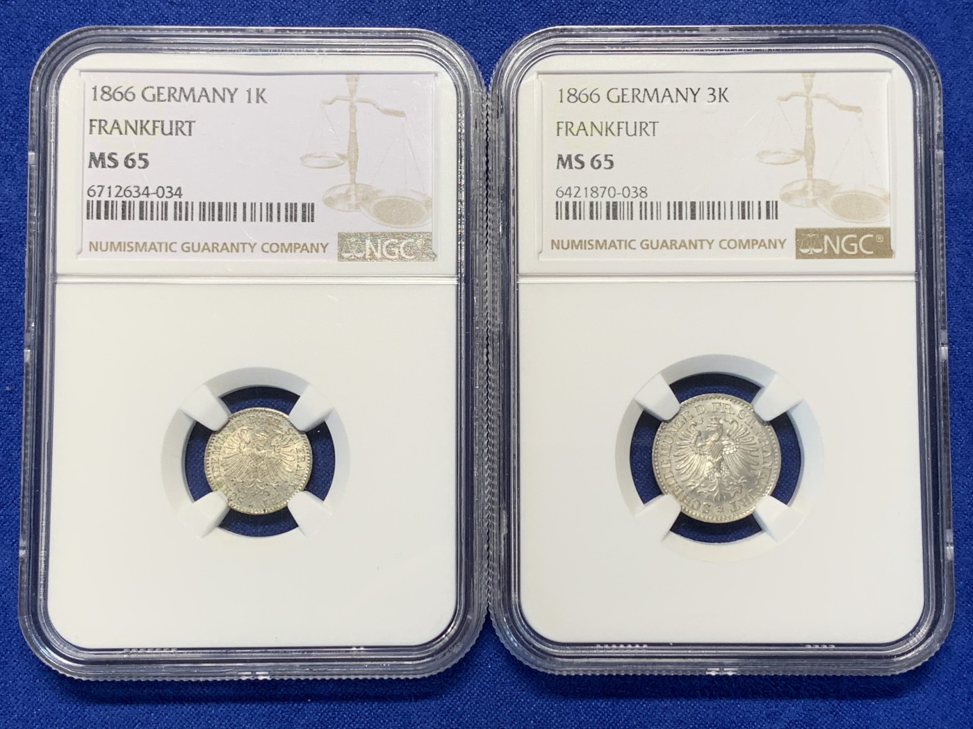 《竞宝斋》第208场-周日，周一 2场 (全场包邮) 两枚一组 NGC-MS65 法兰克福1866年1克鲁泽、3克鲁泽银币一对，高分难得 十分漂亮