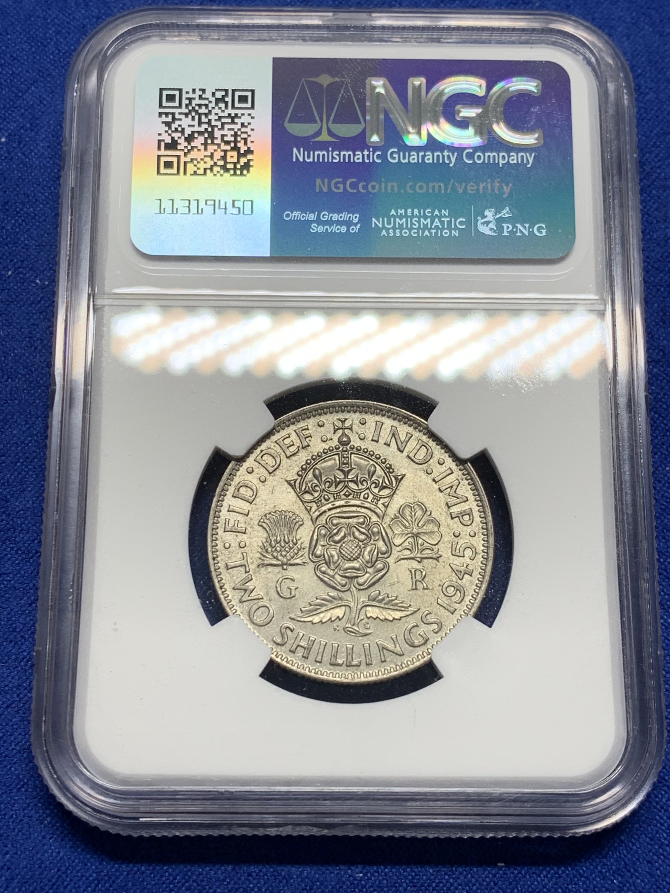 《竞宝斋》第208场-周日，周一 2场 (全场包邮) NGC MS63 英国 1945年 乔治六世 2先令 =1福林 银币
