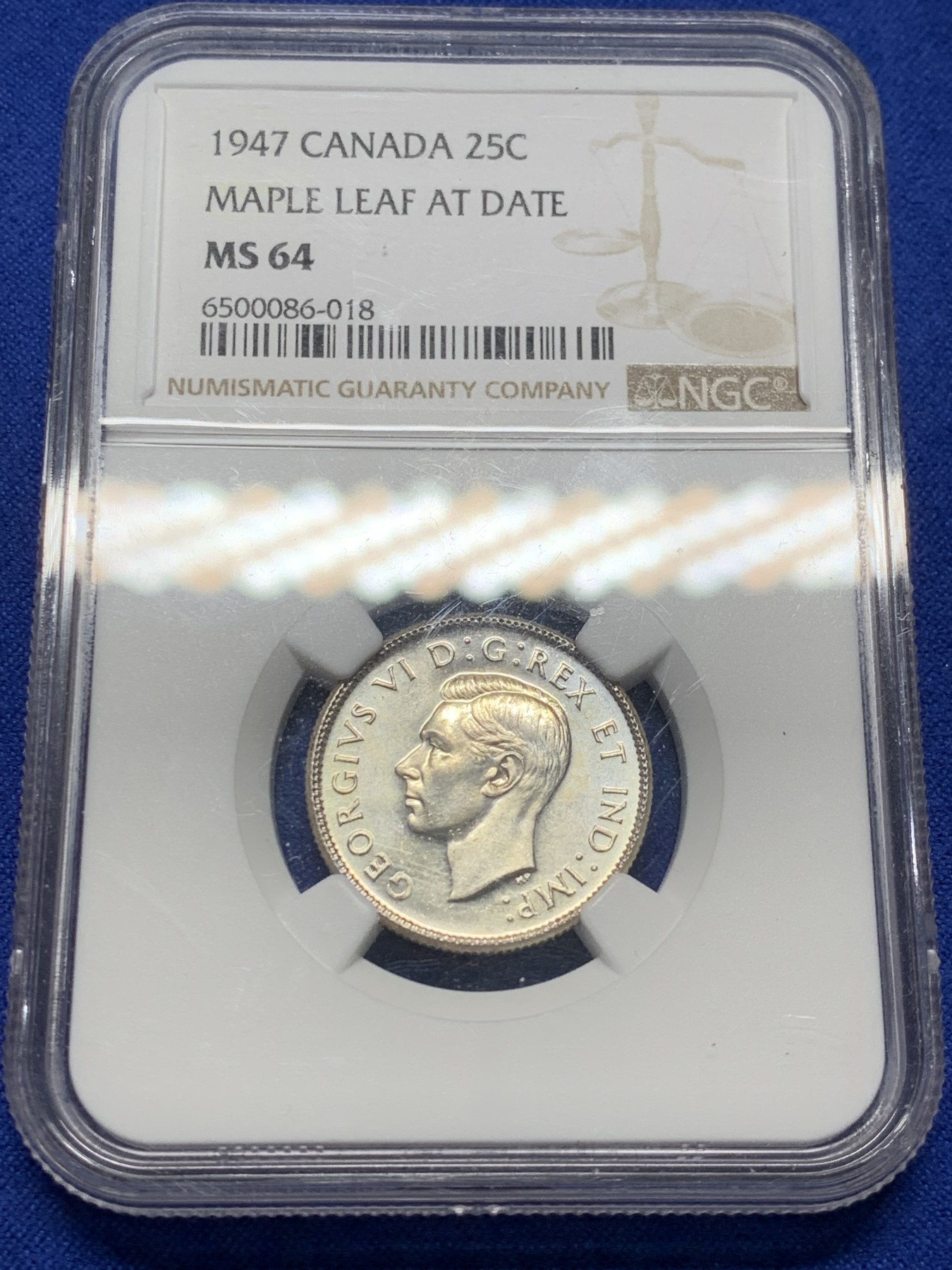 《竞宝斋》第208场-周日，周一 2场 (全场包邮) NGC MS64 加拿大1947年乔六流通25分银币