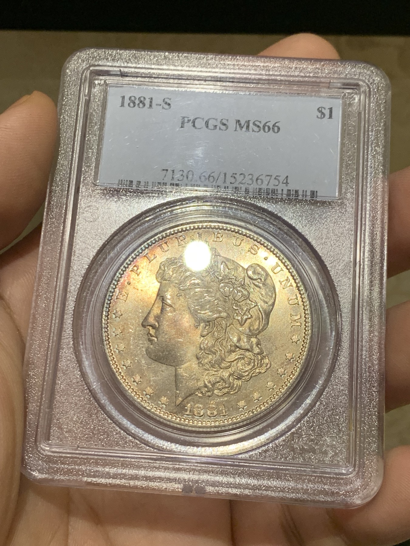 《竞宝斋》第208场-周日，周一 2场 (全场包邮) PCGS-MS66 美国 摩根银元 1881-S 正面淡红彩 漂亮