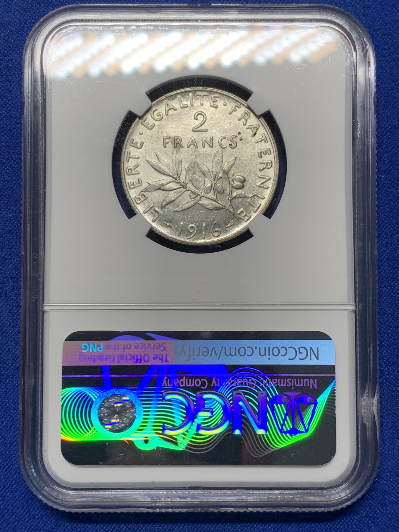 《竞宝斋》第208场-周日，周一 2场 (全场包邮) NGC-MS63 法国1916年播种女神2法郎银币 罗蒂大师设计