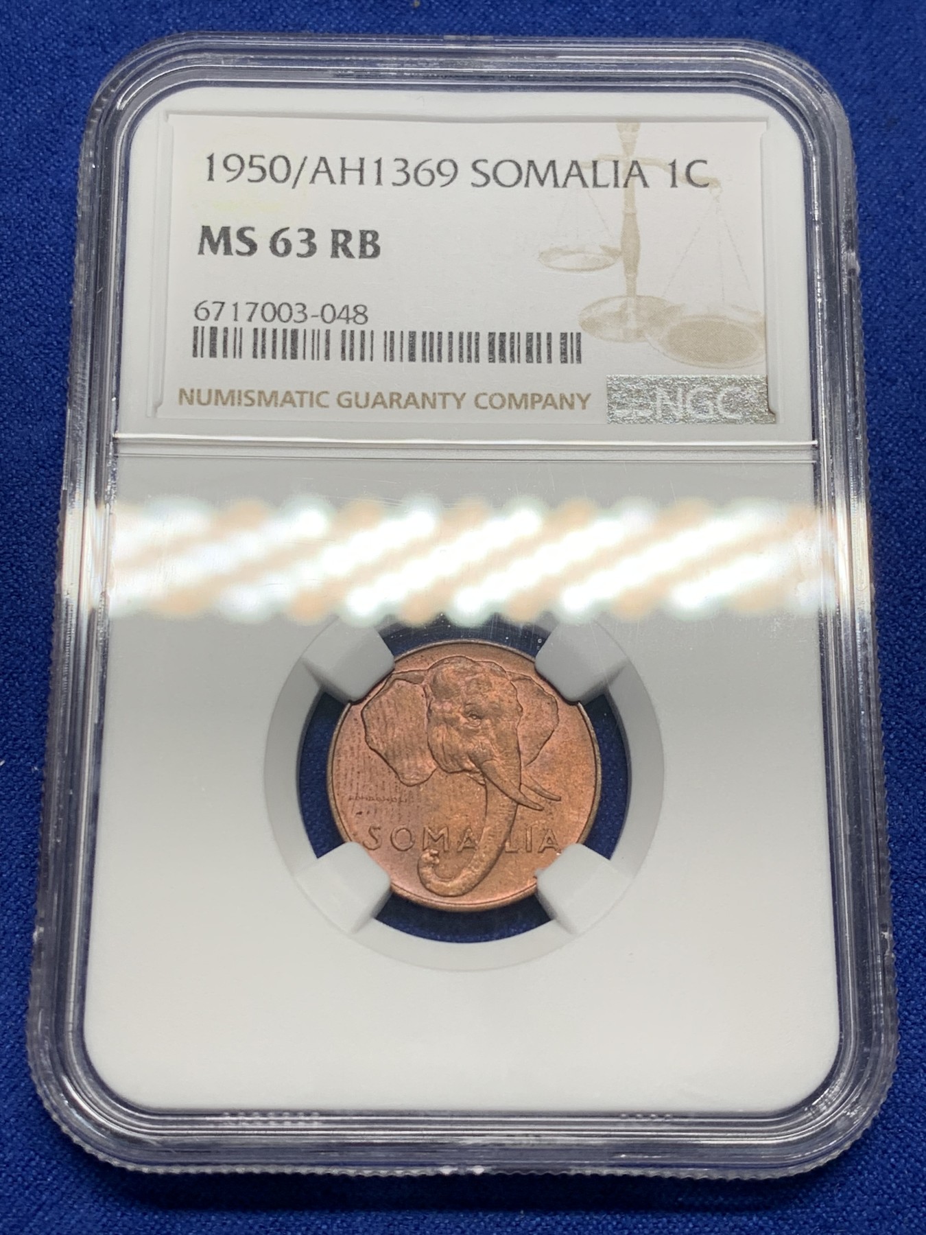 《竞宝斋》第208场-周日，周一 2场 (全场包邮) NGC MS63BN 意属索马里 1950年 1分铜币 大象图案 原光好品