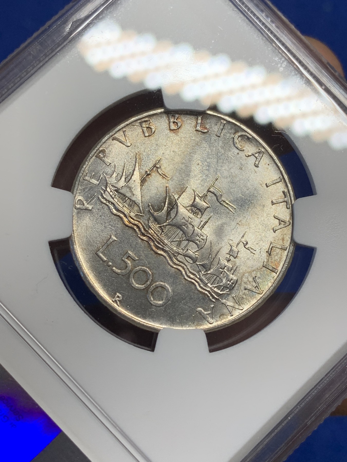 《竞宝斋》第208场-周日，周一 2场 (全场包邮) NGC MS63 意大利1958年500里拉银币 漂亮人妻带点彩 年份少见