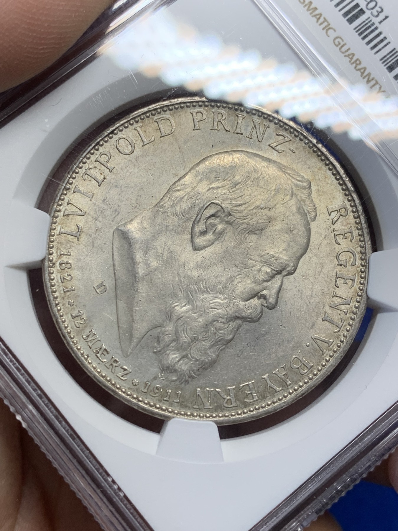 《竞宝斋》第208场-周日，周一 2场 (全场包邮) NGC-MS62 德国 巴伐利亚 1911年 摄政王利奥波德 90大寿纪念 5马克银币 状态好