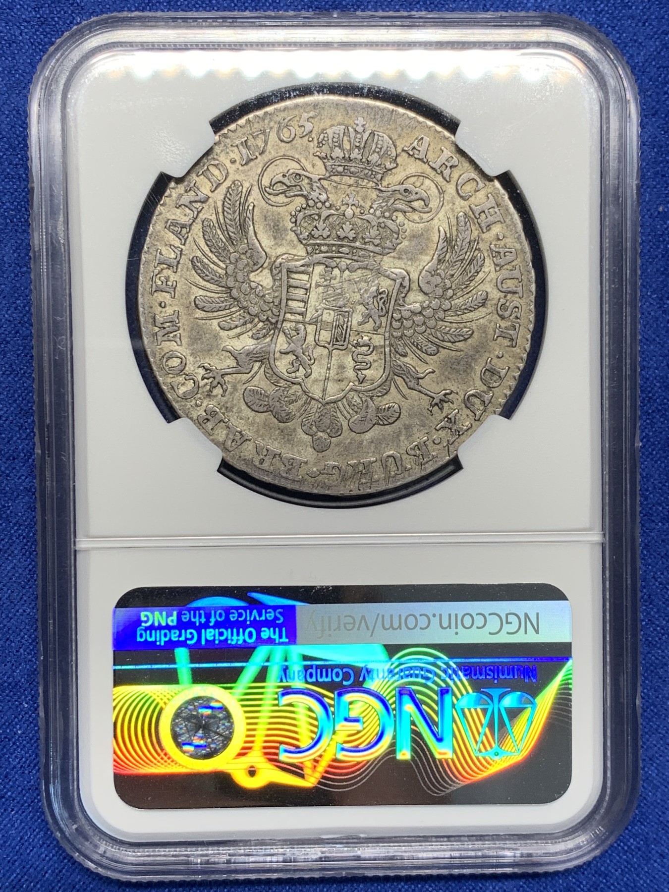 《竞宝斋》第208场-周日，周一 2场 (全场包邮) NGC VF30奥属尼德兰1765年布鲁塞尔铸币厂四角冠原味1KT大银同级别亚军分数 双面深褐色包浆 非常难得