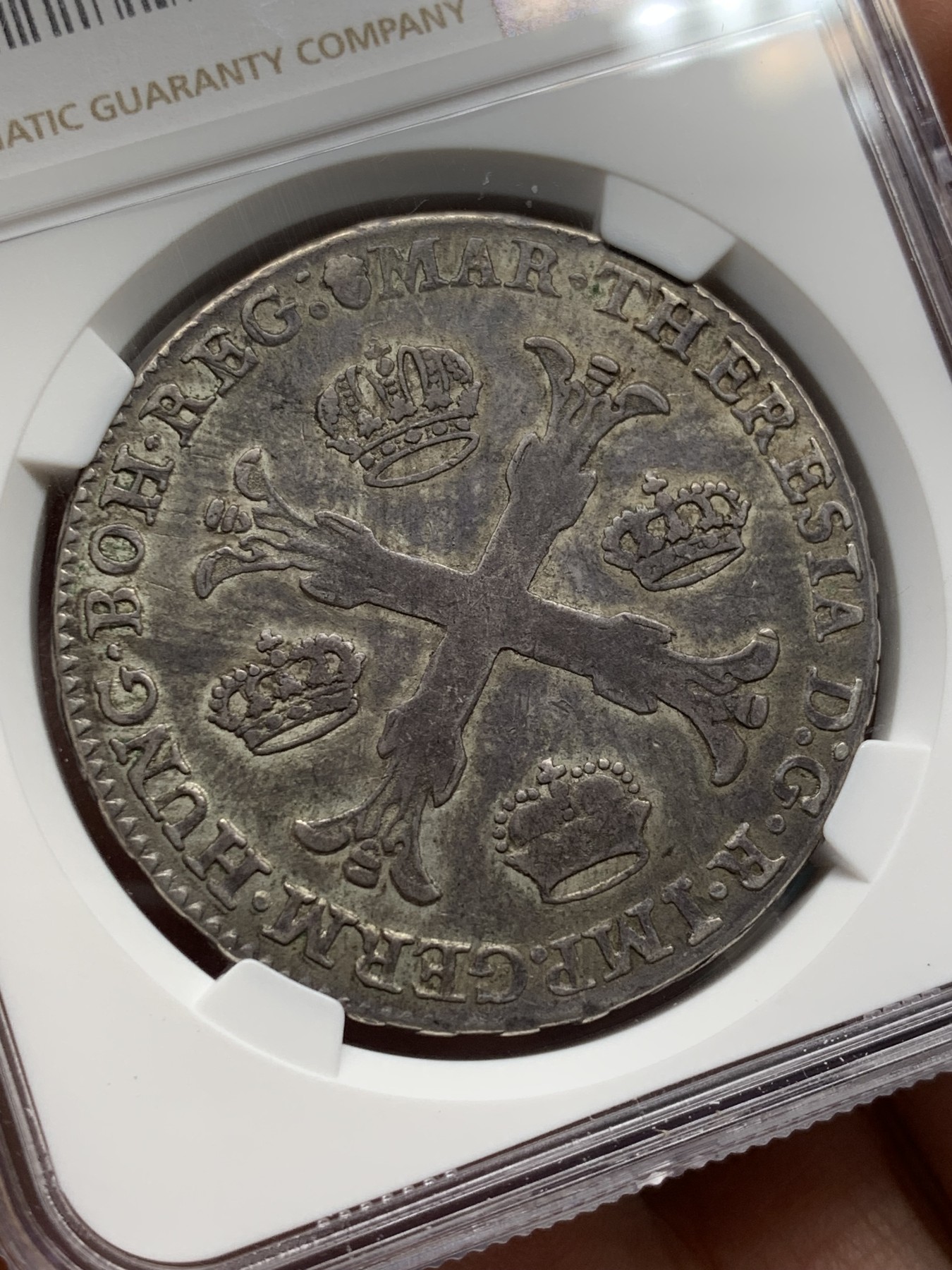 《竞宝斋》第208场-周日，周一 2场 (全场包邮) NGC VF30奥属尼德兰1765年布鲁塞尔铸币厂四角冠原味1KT大银同级别亚军分数 双面深褐色包浆 非常难得