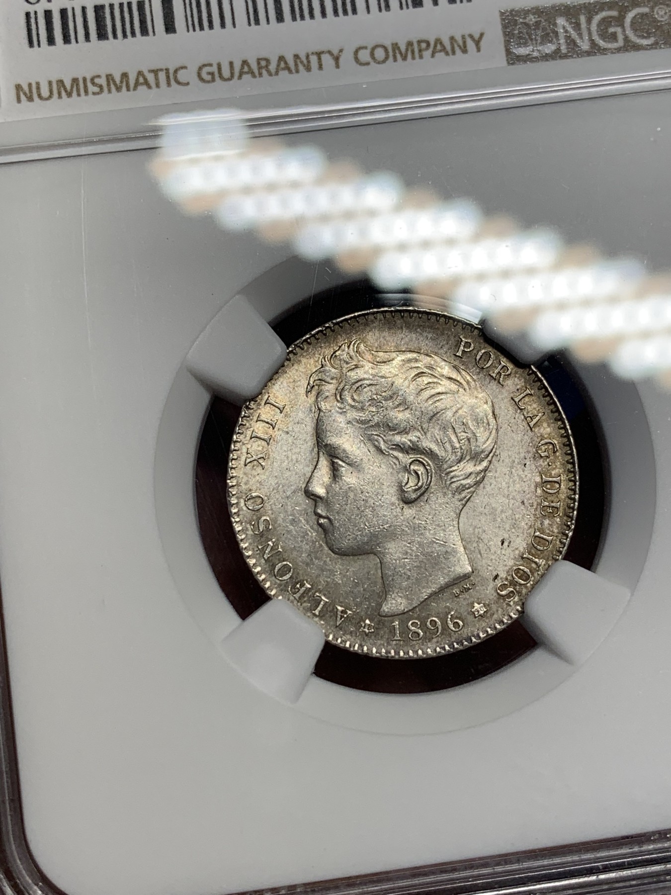 《竞宝斋》第208场-周日，周一 2场 (全场包邮) NGC MS62 西班牙1896年阿方索十三世1比塞塔银币 MS难得