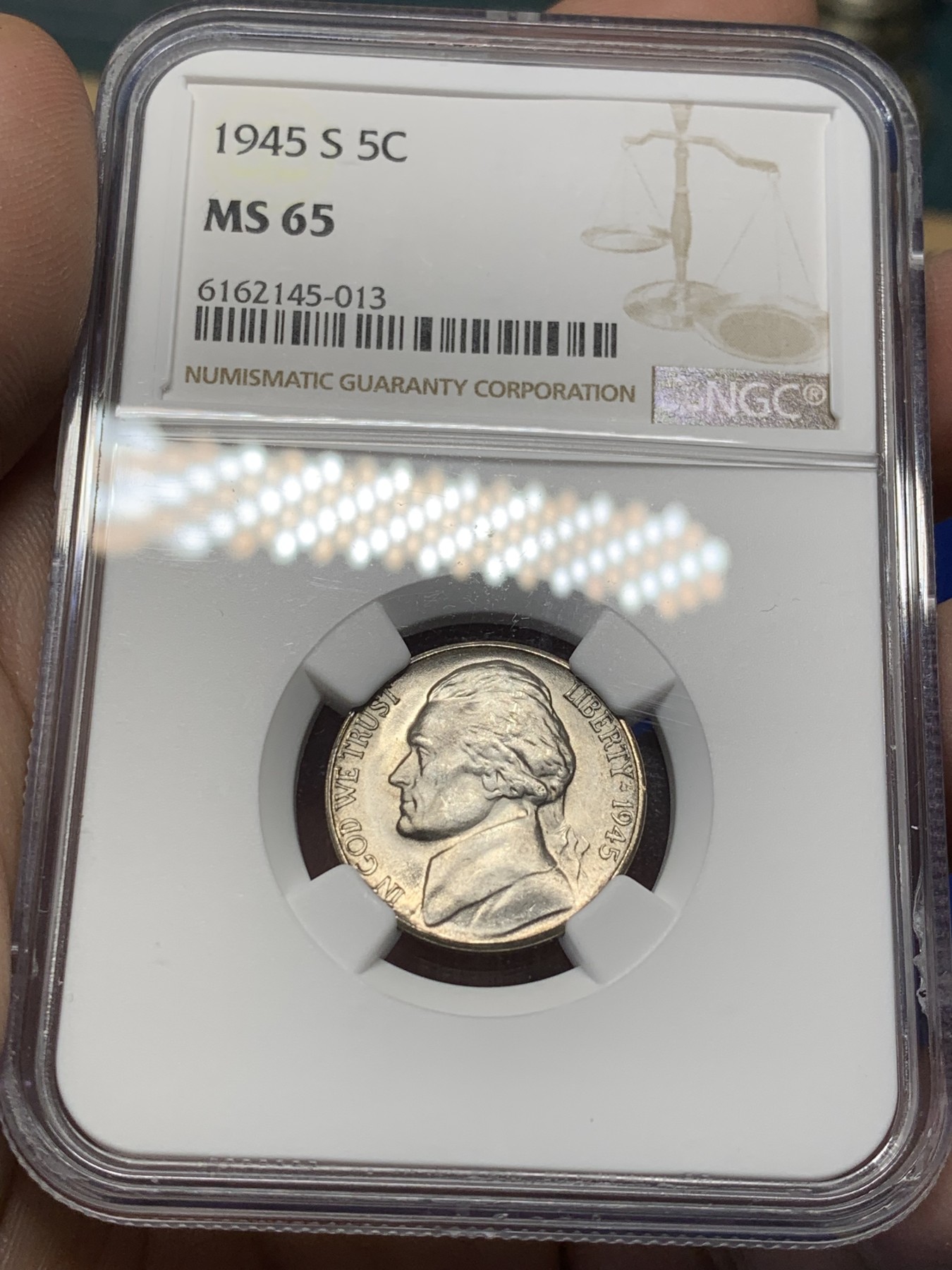 《竞宝斋》第208场-周日，周一 2场 (全场包邮) 两枚一组 NGC-MS65 美国1945年杰弗逊5美分 战时低银版（仅1942-1945战时版含银，其余为镍币）