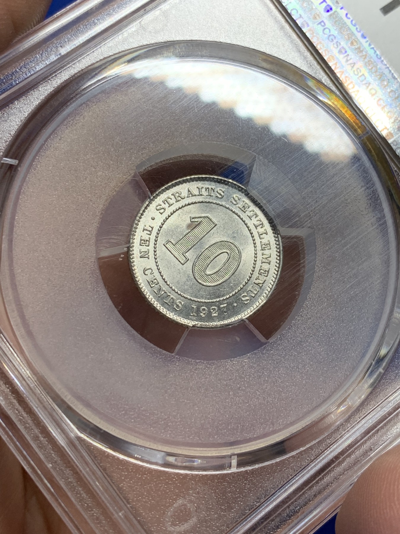 《竞宝斋》第208场-周日，周一 2场 (全场包邮) PCGS-MS64 英属海峡殖民地 1927年 10分银币 乔治五世 原光好品