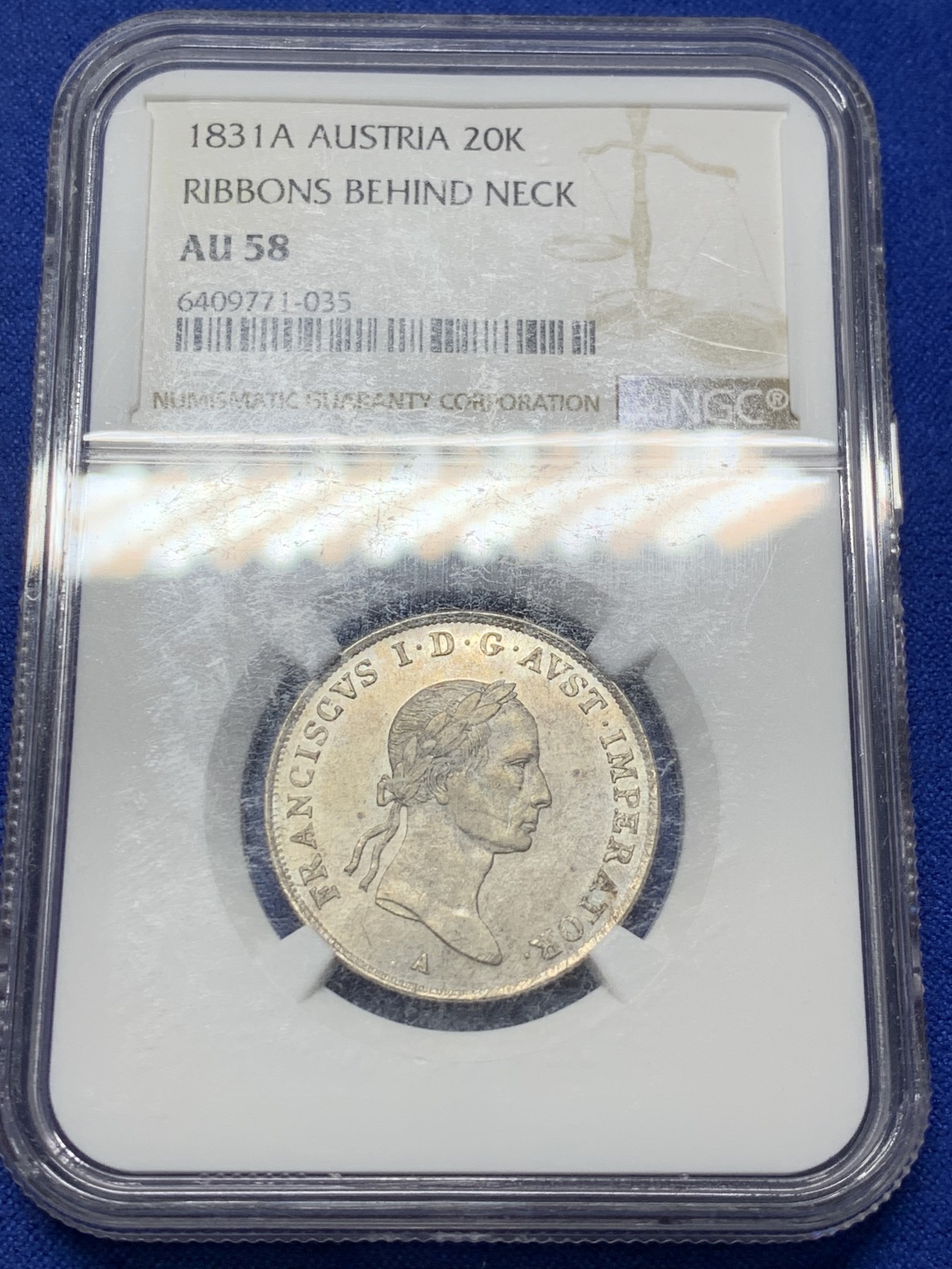 《竞宝斋》第208场-周日，周一 2场 (全场包邮) NGC-AU58 奥匈帝国20克鲁泽银币 1831年A 低评了 两面底板带转光 深打 亚军分 更高只有2枚