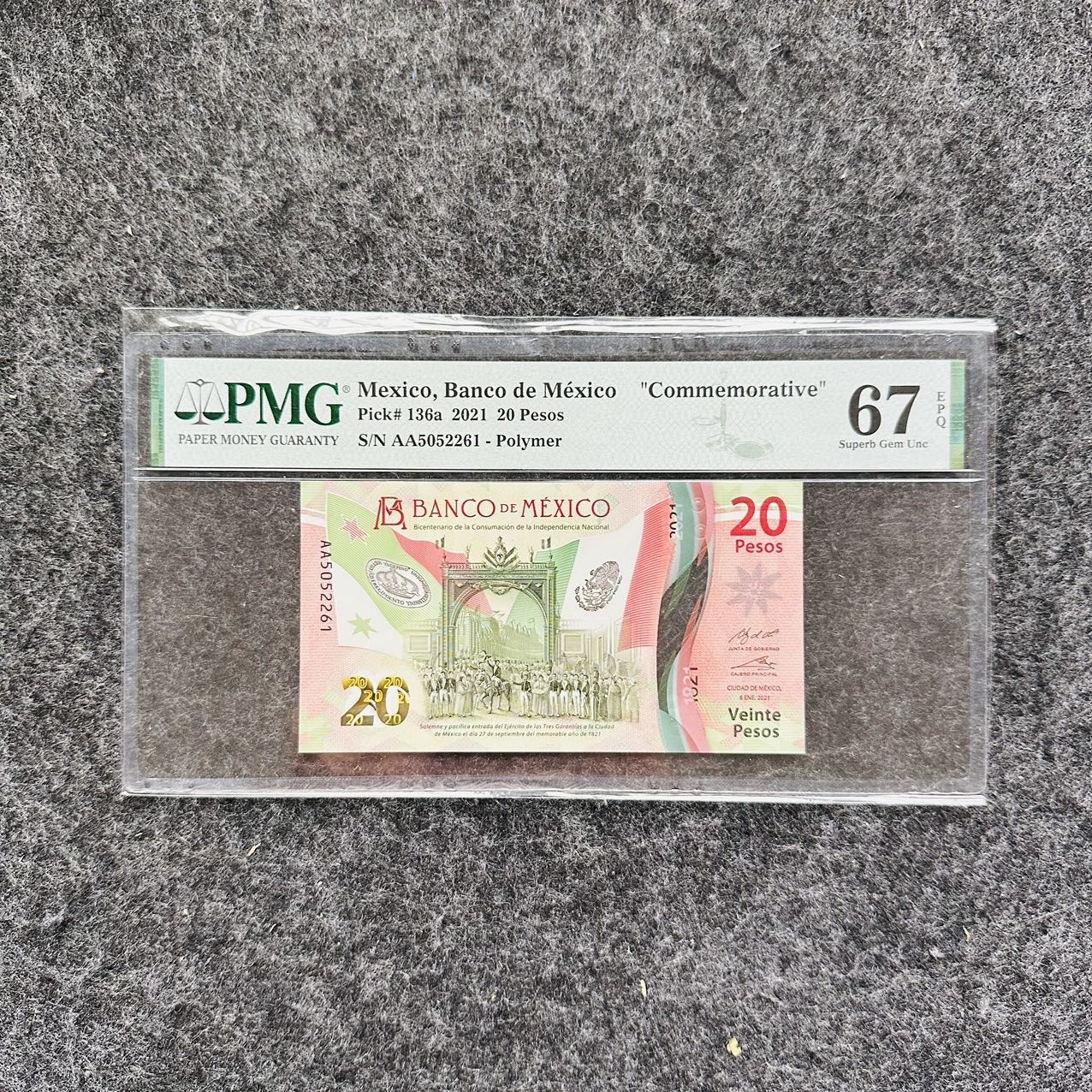 墨西哥2021年20比索塑料钞，纪念钞，PMG67