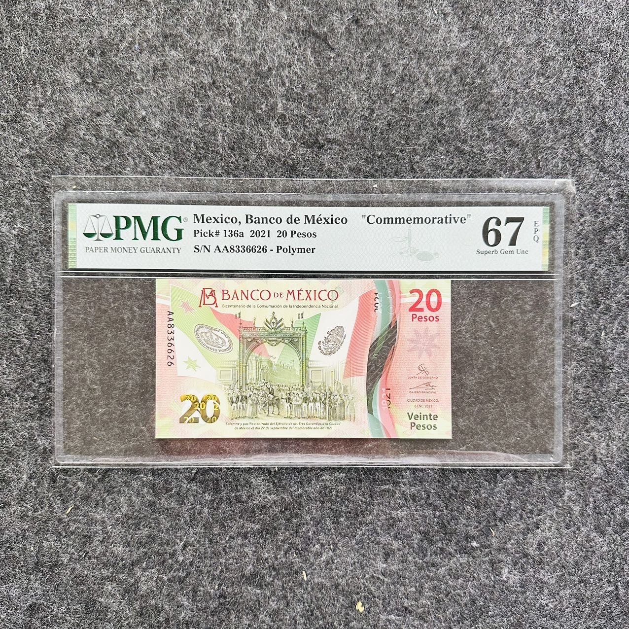 墨西哥2021年20比索塑料钞，纪念钞，PMG67