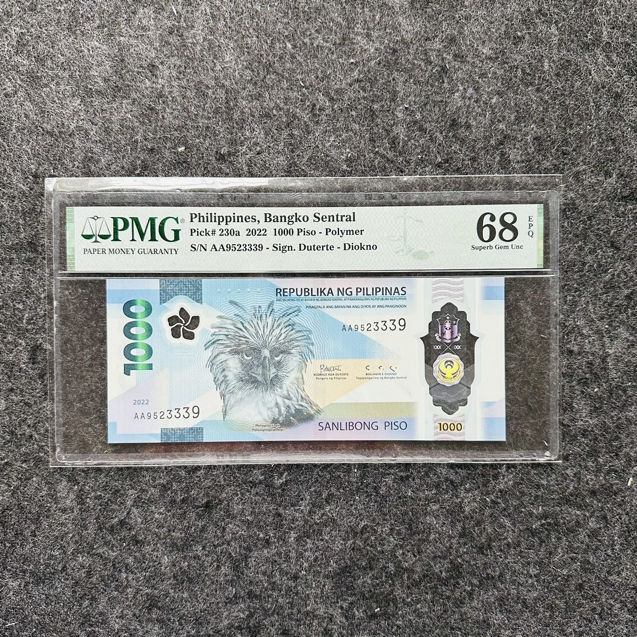 菲律宾2022年1000比索塑料钞，AA首发冠+无47，IBNS获奖钞🏆，PMG68