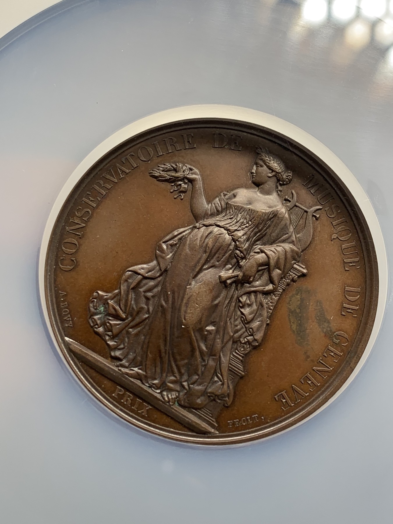 《竞宝斋》第209场-周日，周一 2场 (全场包邮) NGC MS62BN 瑞士共和国日内瓦音乐节 铜质奖章 巧克力包浆 大盒封装