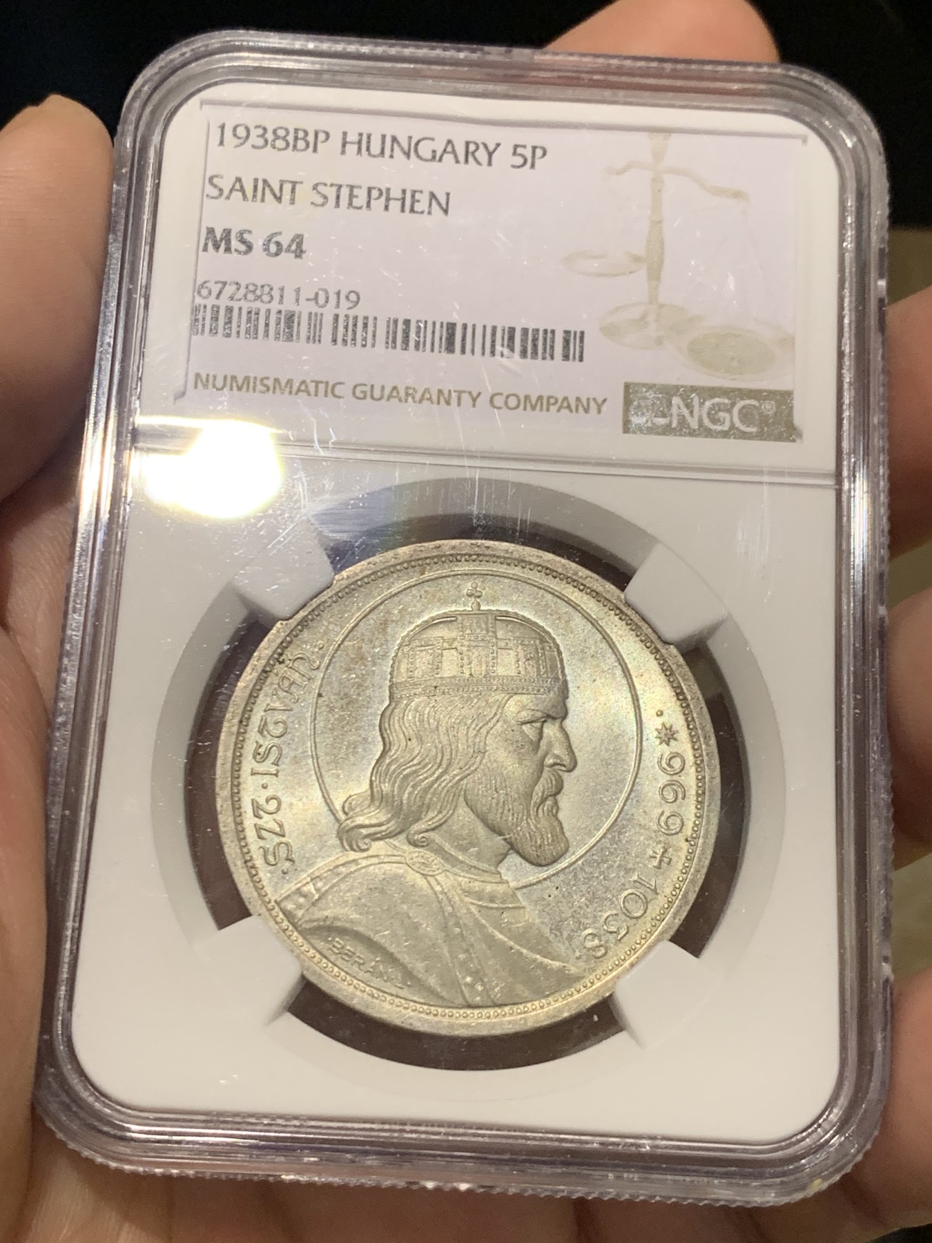 《竞宝斋》第209场-周日，周一 2场 (全场包邮) NGC-MS64 匈牙利1938年 斯蒂芬大公 5潘果大银 原铸 底板银光充沛 转光强烈 纪念国父圣斯蒂芬大公逝世900周年