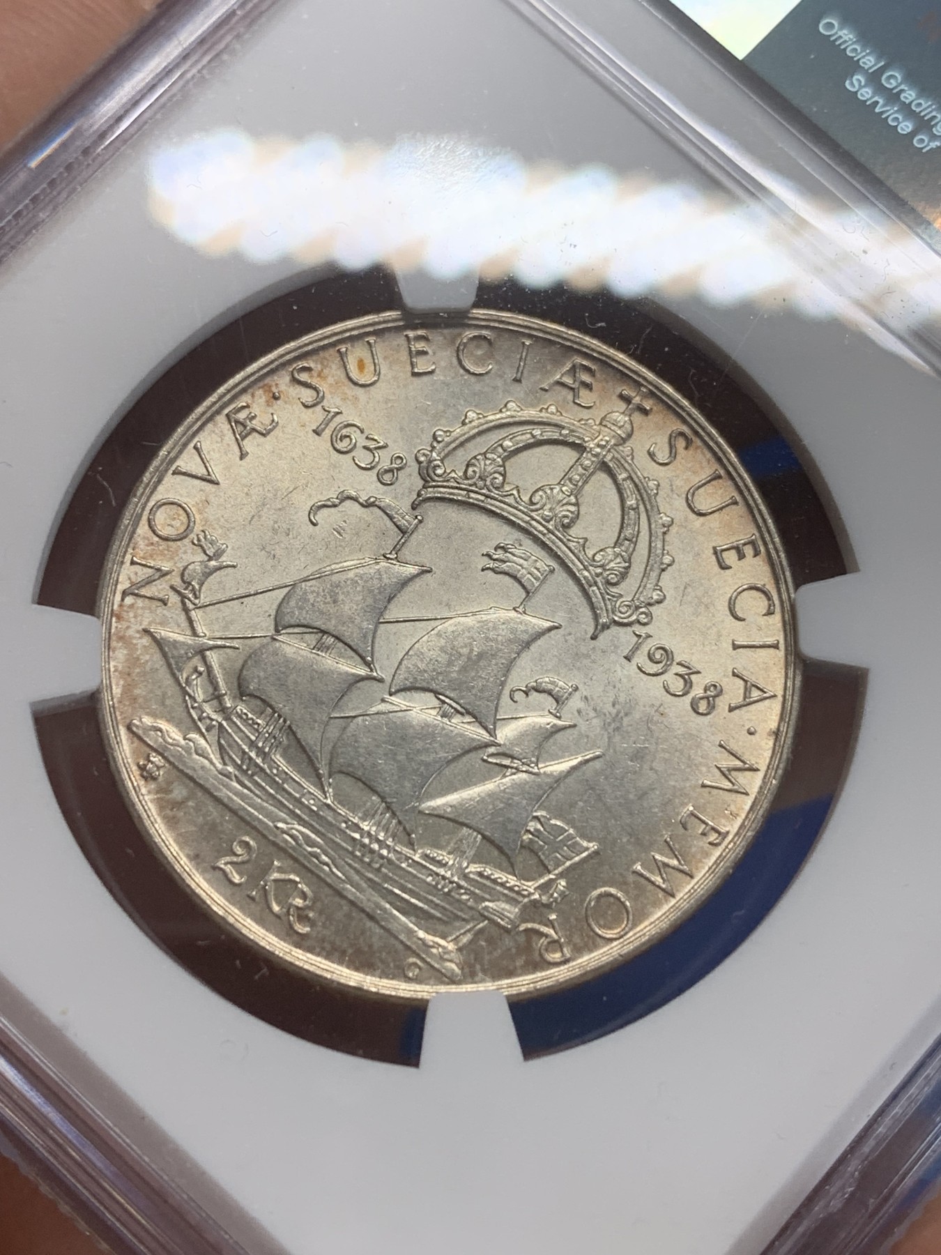 《竞宝斋》第209场-周日，周一 2场 (全场包邮) NGC-MS63 瑞典1938年 三百周年纪念 2克朗银币 MS少见