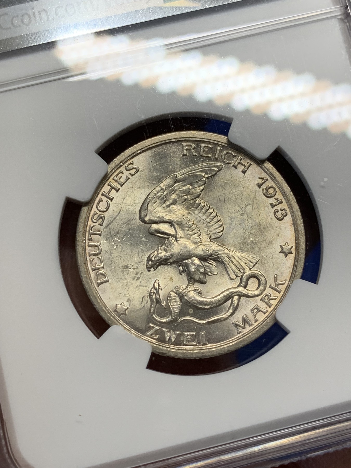 《竞宝斋》第209场-周日，周一 2场 (全场包邮) NGC-MS62 德国 1913年A厂 战胜拿破仑百年纪念 2马克银币 经典品种