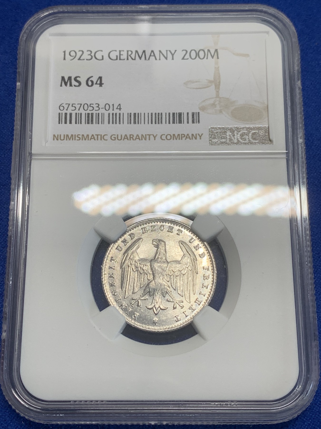 《竞宝斋》第209场-周日，周一 2场 (全场包邮) NGC MS64 德国1923G 魏玛200马克紧急状态币