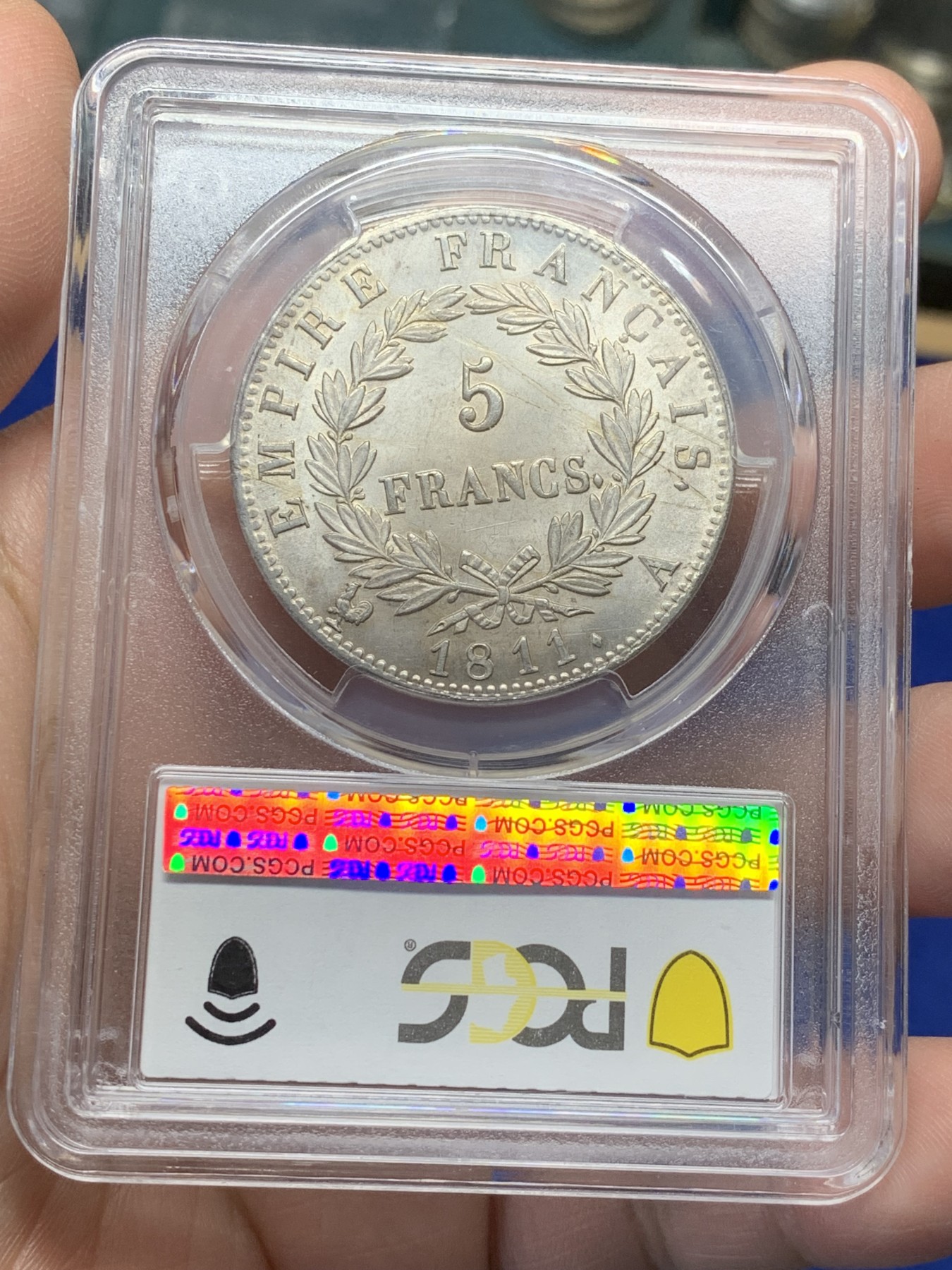 《竞宝斋》第209场-周日，周一 2场 (全场包邮) PCGS MS63 法国1811年拿破仑一世银币，车轮光细腻 底板淡黄色包浆 也是p盒子首拍高分，高分少见一步到位！