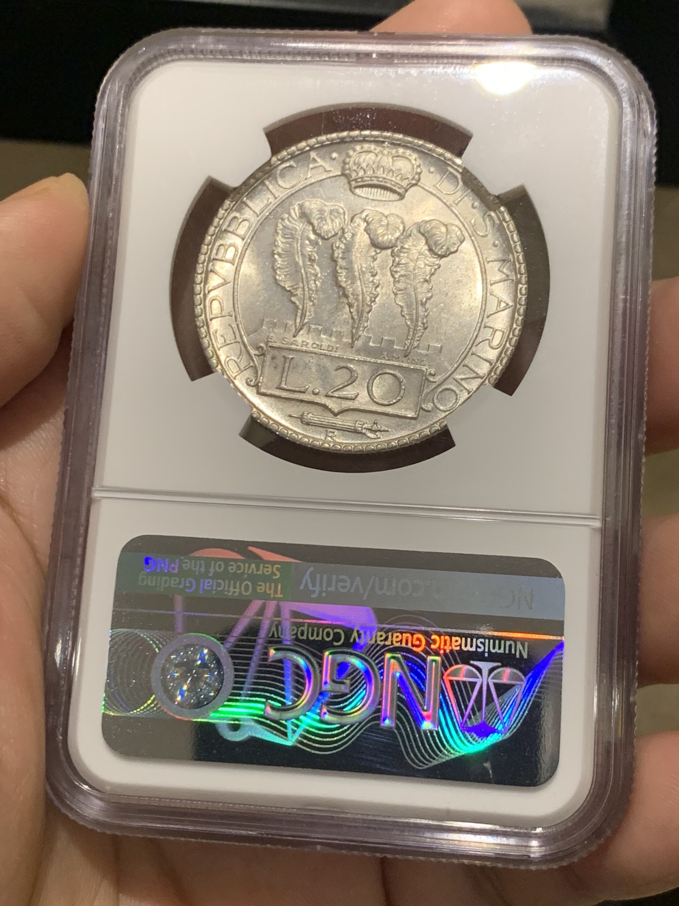 《竞宝斋》第209场-周日，周一 2场 (全场包邮) NGC MS62 1933年 圣马力诺 20里拉 银币